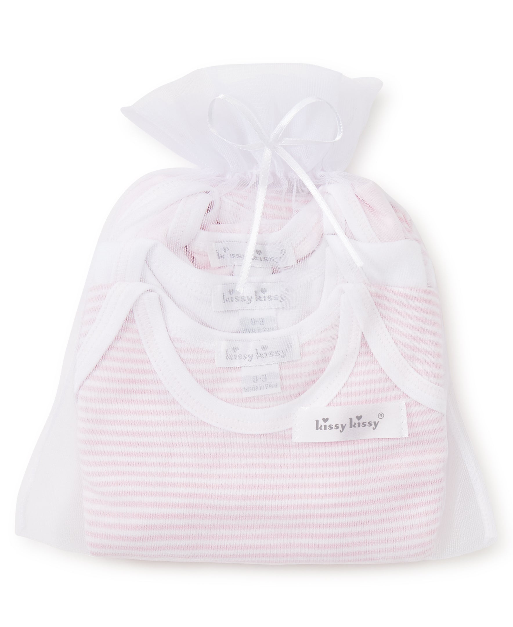 Pink Stripe 3 Pack S/S Bodysuit Set w/ Tulle Bag - Kissy Kissy