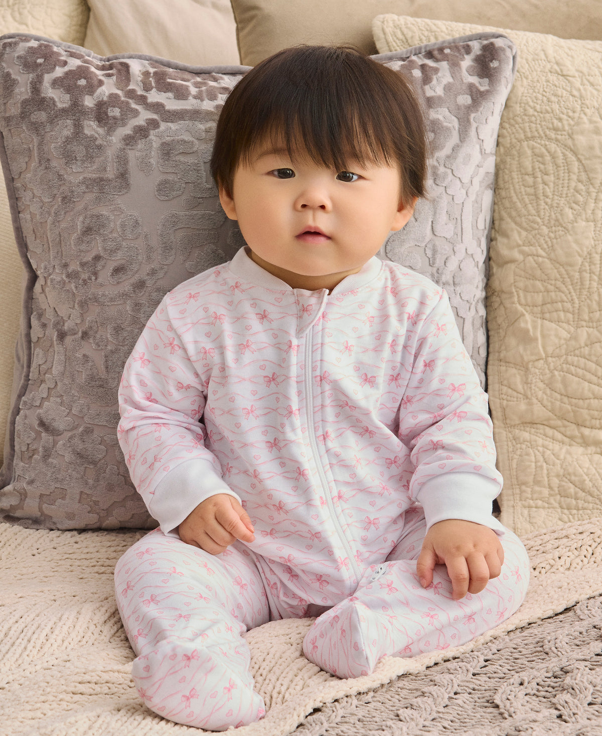Baby Bows Pink Zip Footie - Kissy Kissy