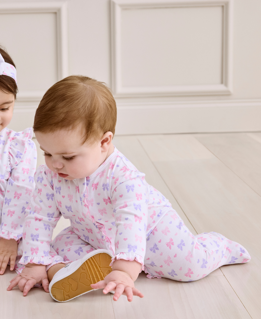 Billowy Bows White Zip Footie - Kissy Kissy