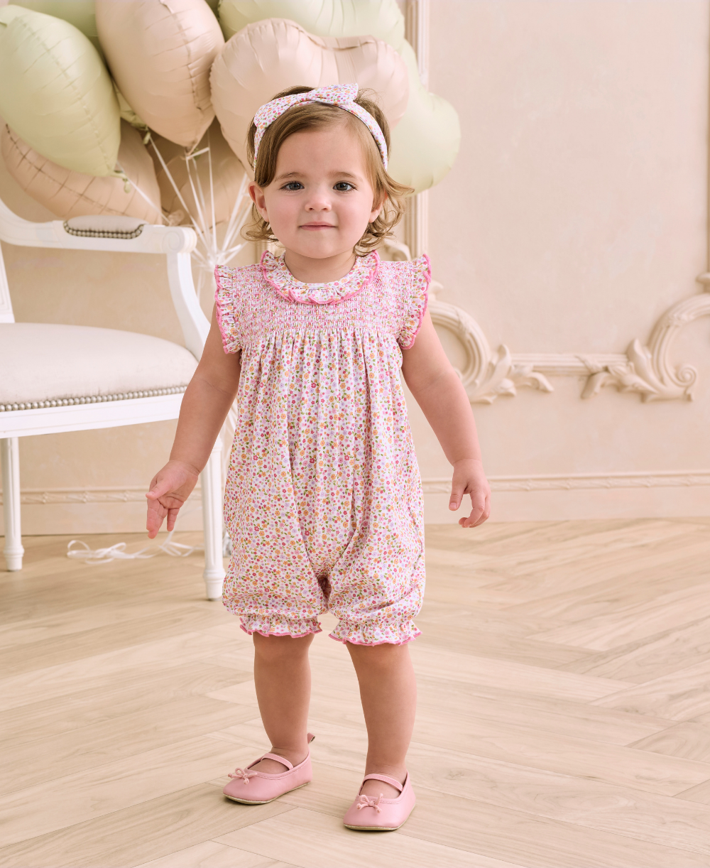 Blossoming Bows Floral Short Smocked Playsuit - Kissy Kissy