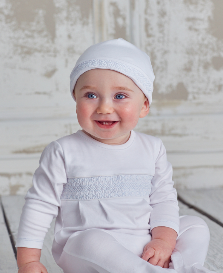 Hand Smocked CLB Charmed White/Blue Hat - Kissy Kissy