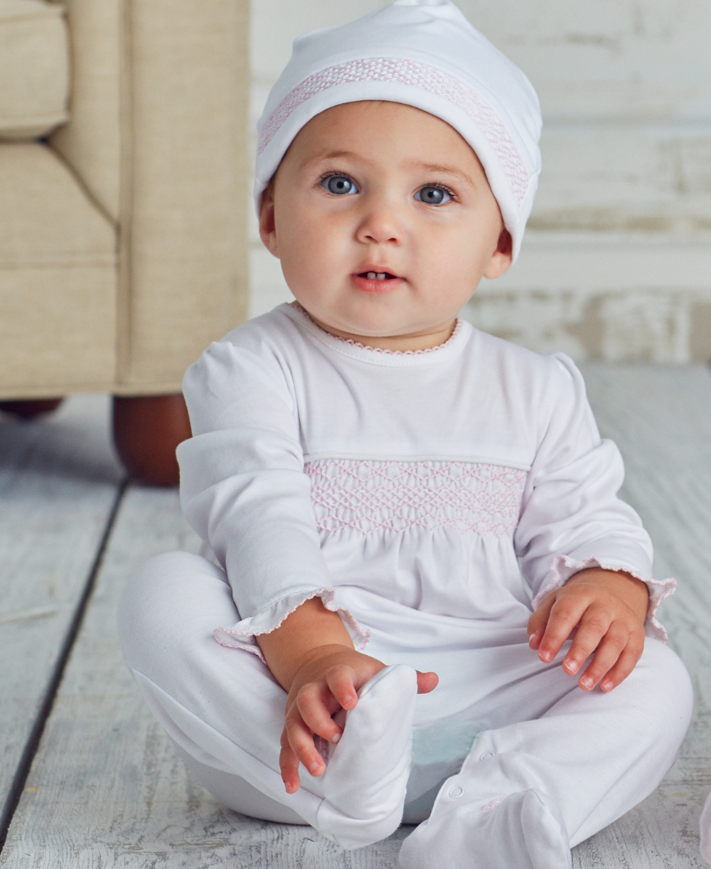 Hand Smocked CLB Charmed White/Pink Footie - Kissy Kissy