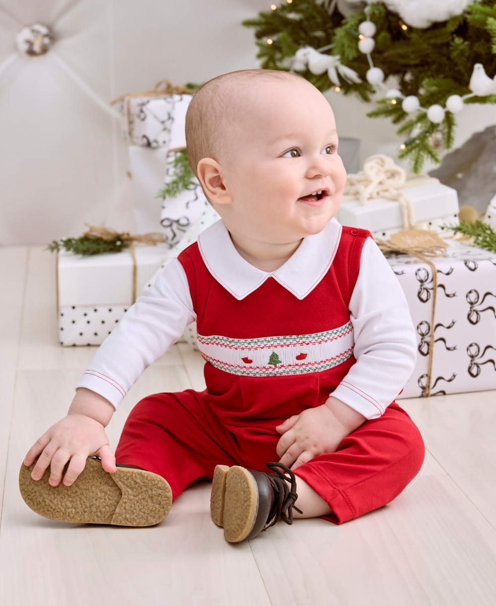 CLB Holiday Medley 26 Hand Smocked Christmas Tree Overall Set - Kissy Kissy