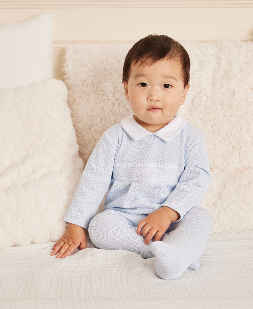 CLB Punto Ingles Blue Hand Smocked Collar Footie - Kissy Kissy