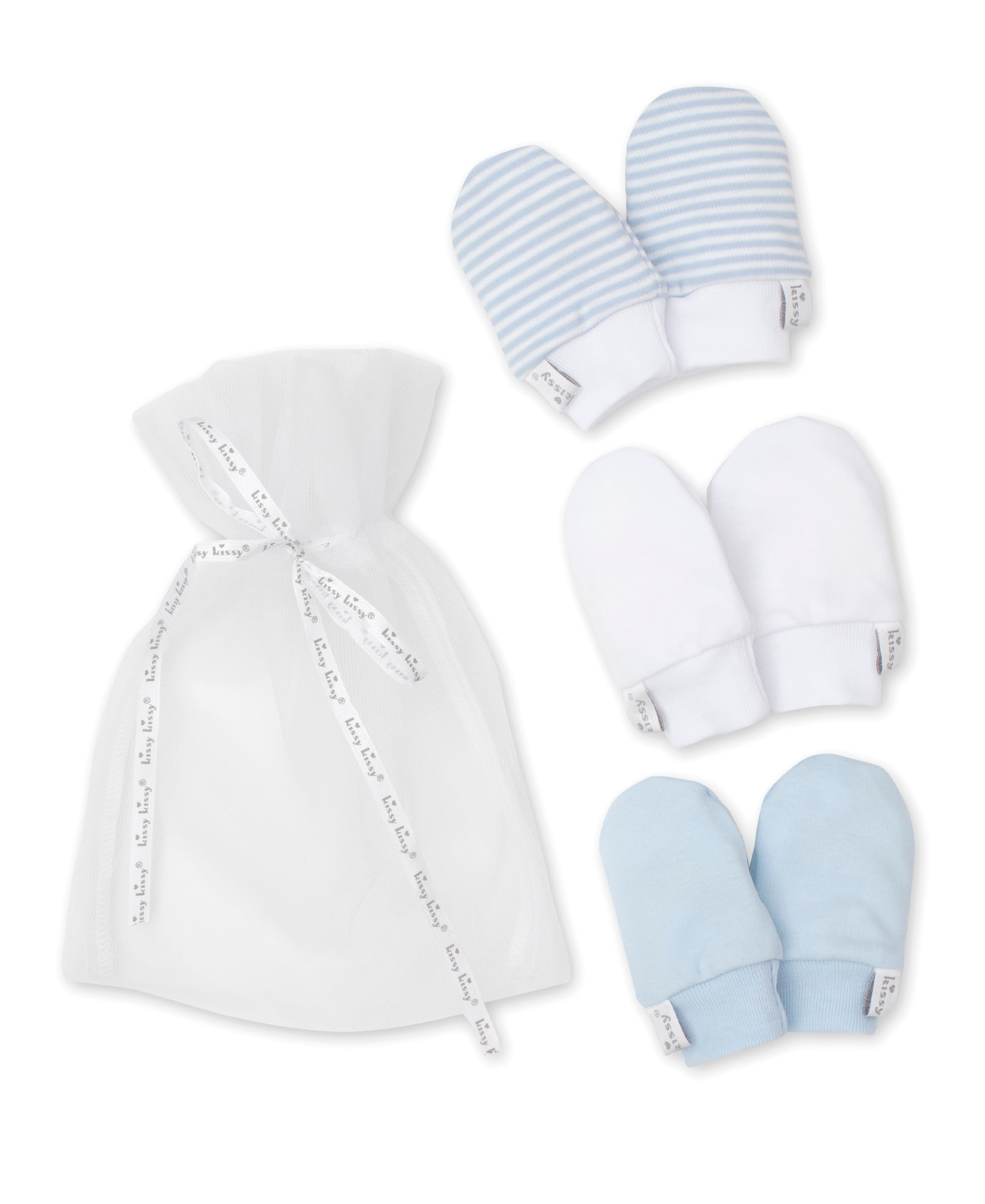 Blue Stripe 3 Pack Mitts Set w/ Tulle Bag - Kissy Kissy