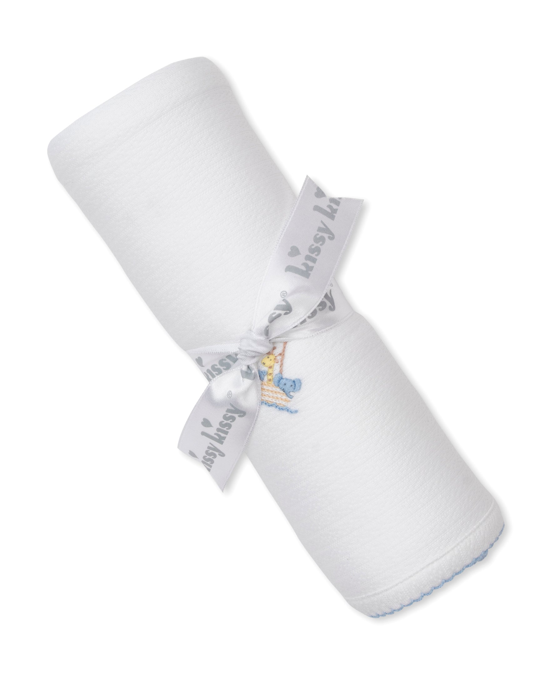 Premier Noah's Ark White/Blue Hand Emb. Blanket - Kissy Kissy