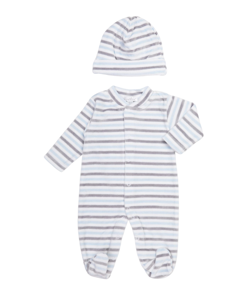 Blue Stripe Velour Footie & Hat Set - Kissy Kissy