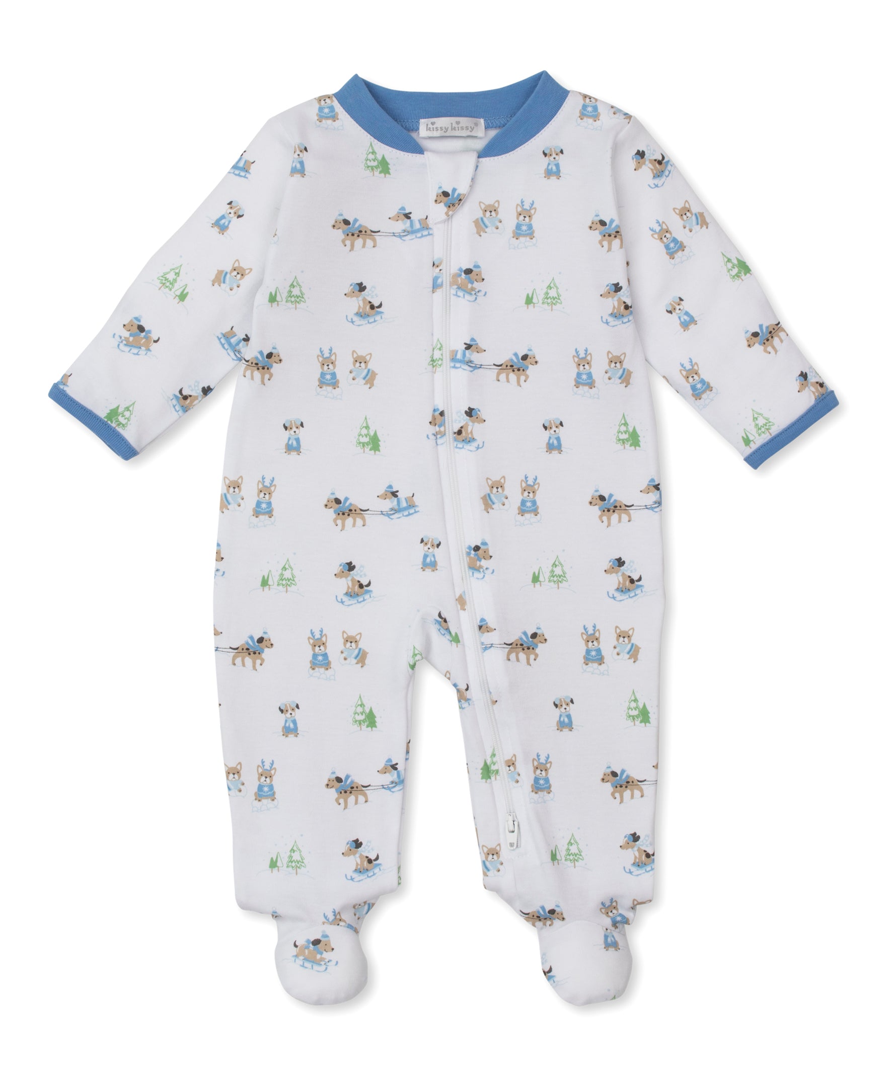 Puppy's Sleigh Riding Fun Blue Zip Footie - Kissy Kissy