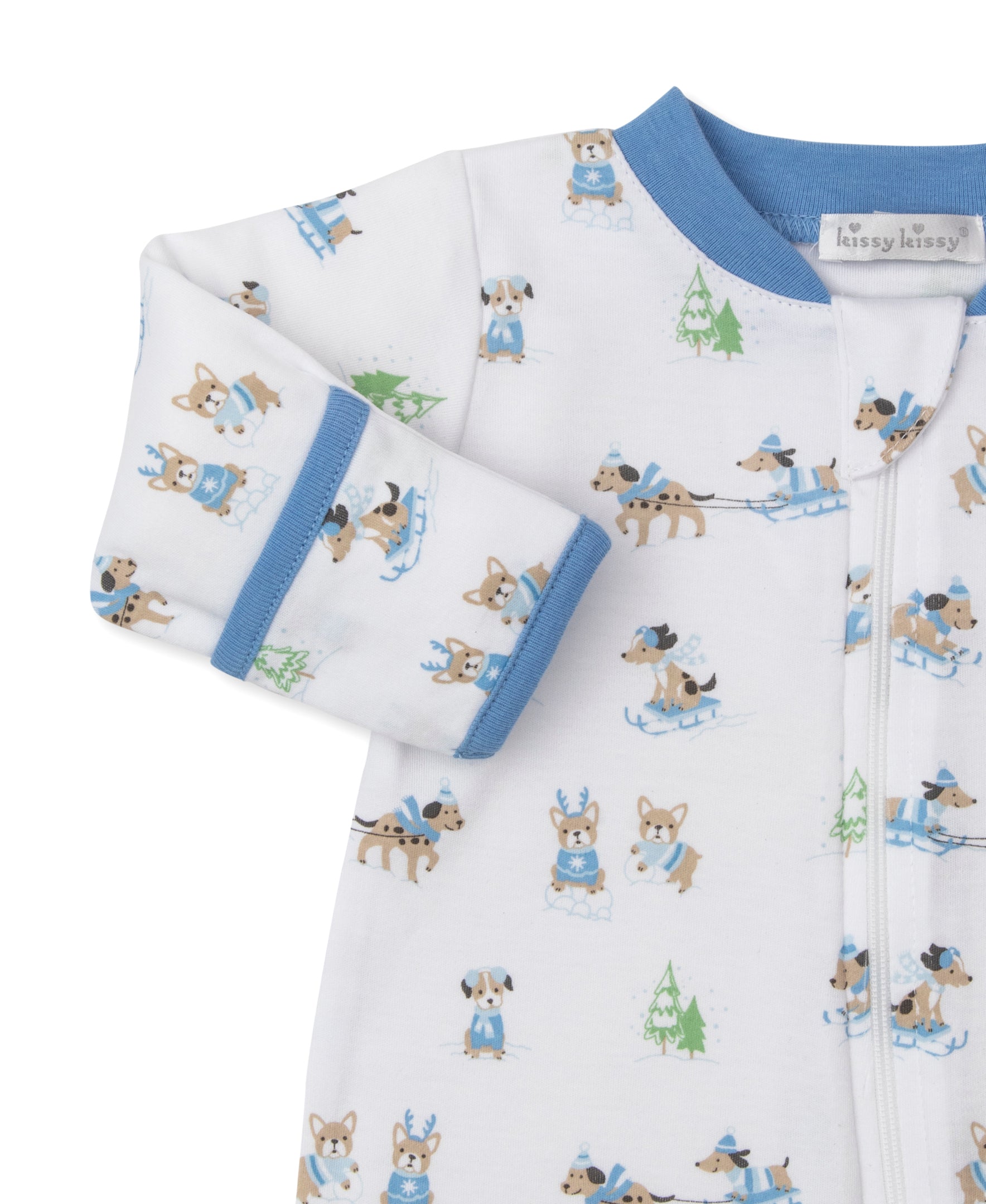 Puppy's Sleigh Riding Fun Blue Zip Footie - Kissy Kissy