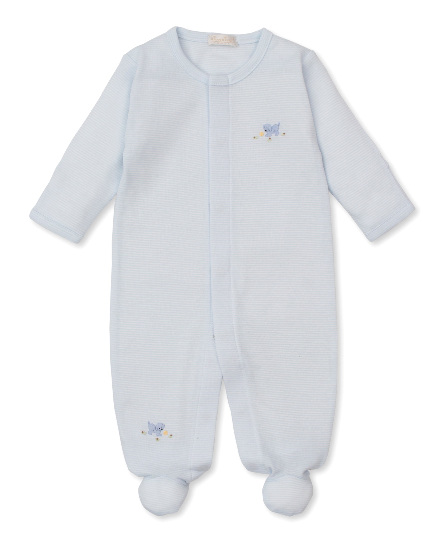 Premier Playful Pups Blue Hand Emb. Stripe Footie - Kissy Kissy