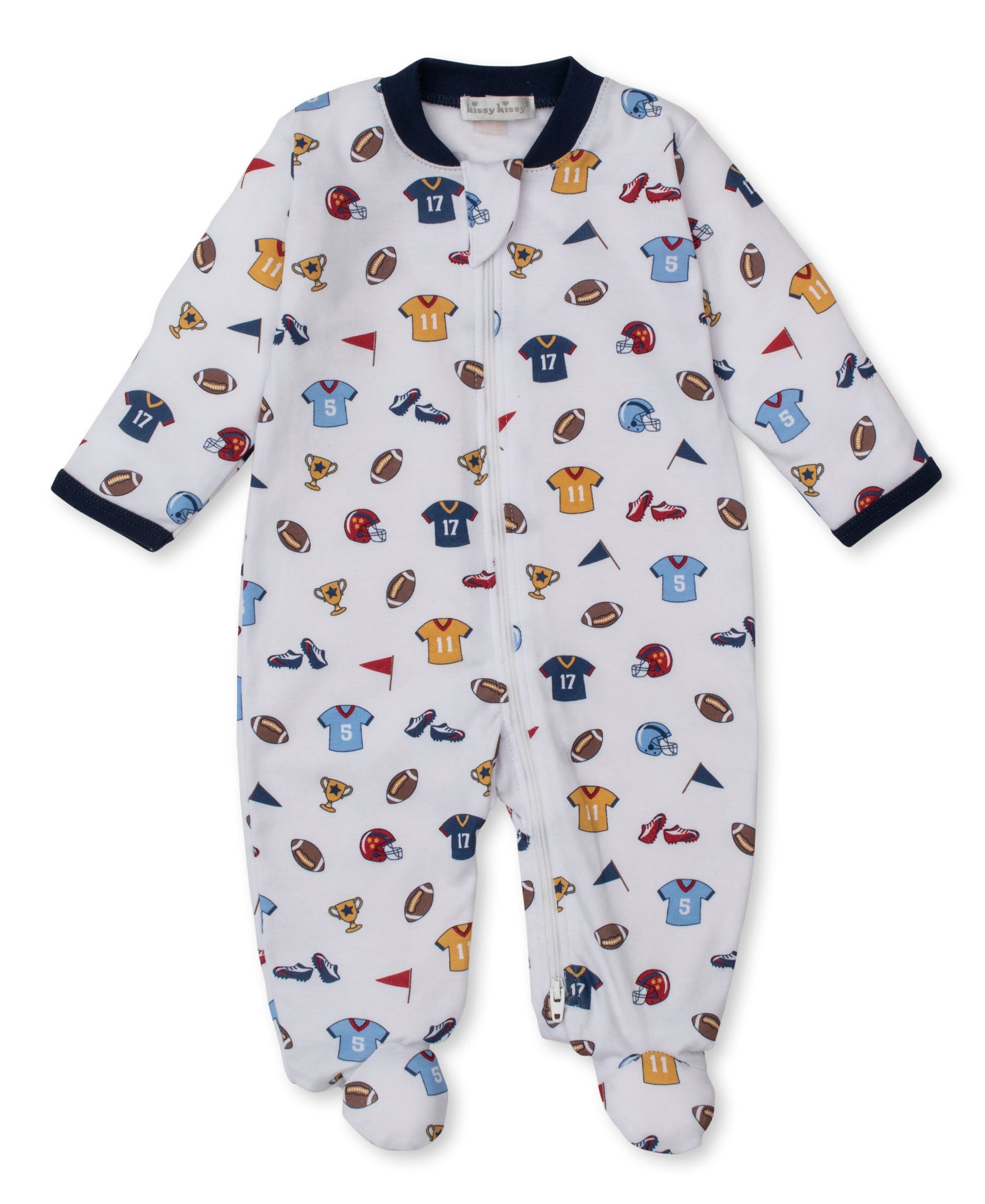 Kissy Kissy | Premium Pima Cotton | Football Fever Zip Footie | Size: Newborn | Boy, image size:1768x2160