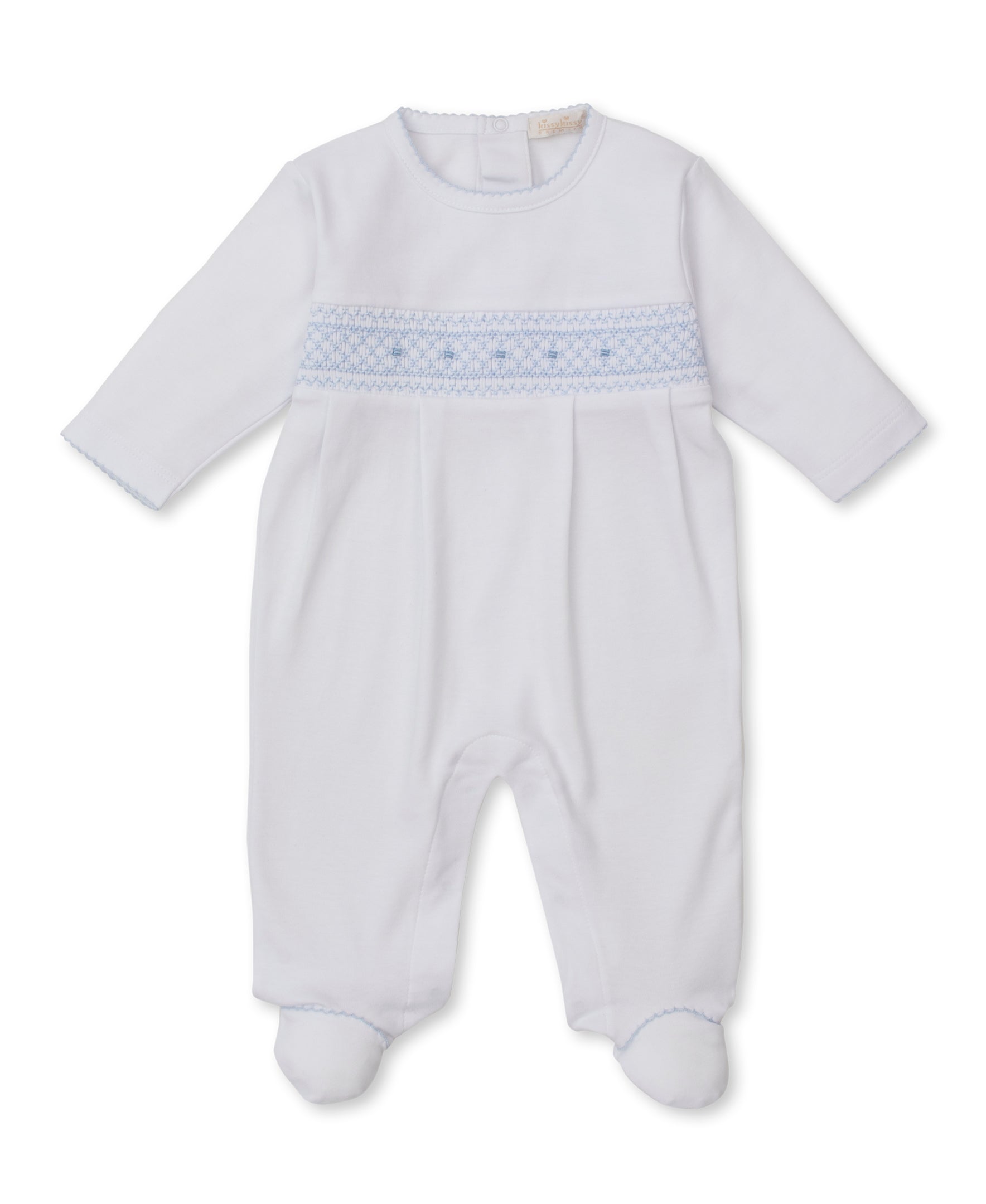 CLB Fall 25 White/Blue Hand Smocked Footie - Kissy Kissy