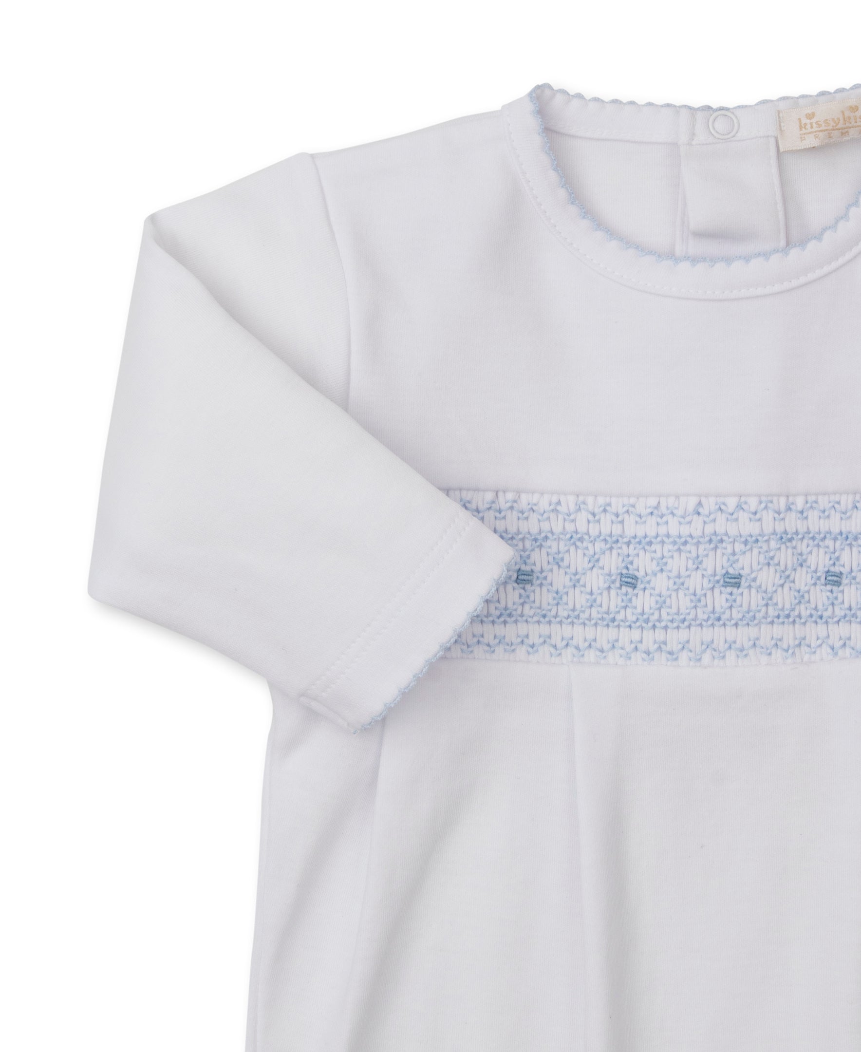 CLB Fall 25 White/Blue Hand Smocked Footie - Kissy Kissy