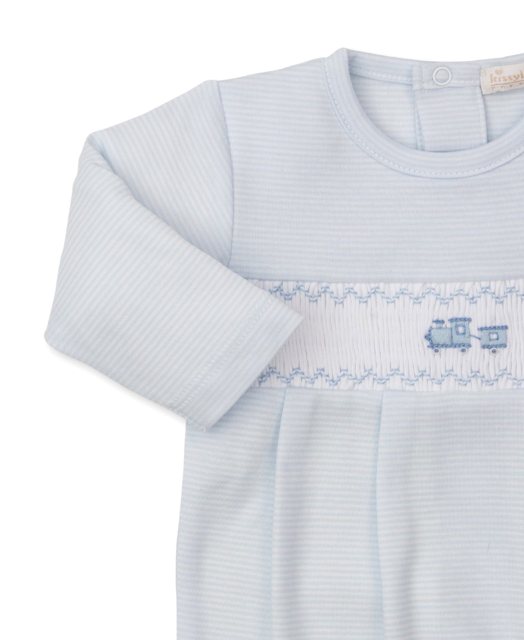 CLB Fall Medley 25 Blue Stripe Hand Smocked Footie - Kissy Kissy