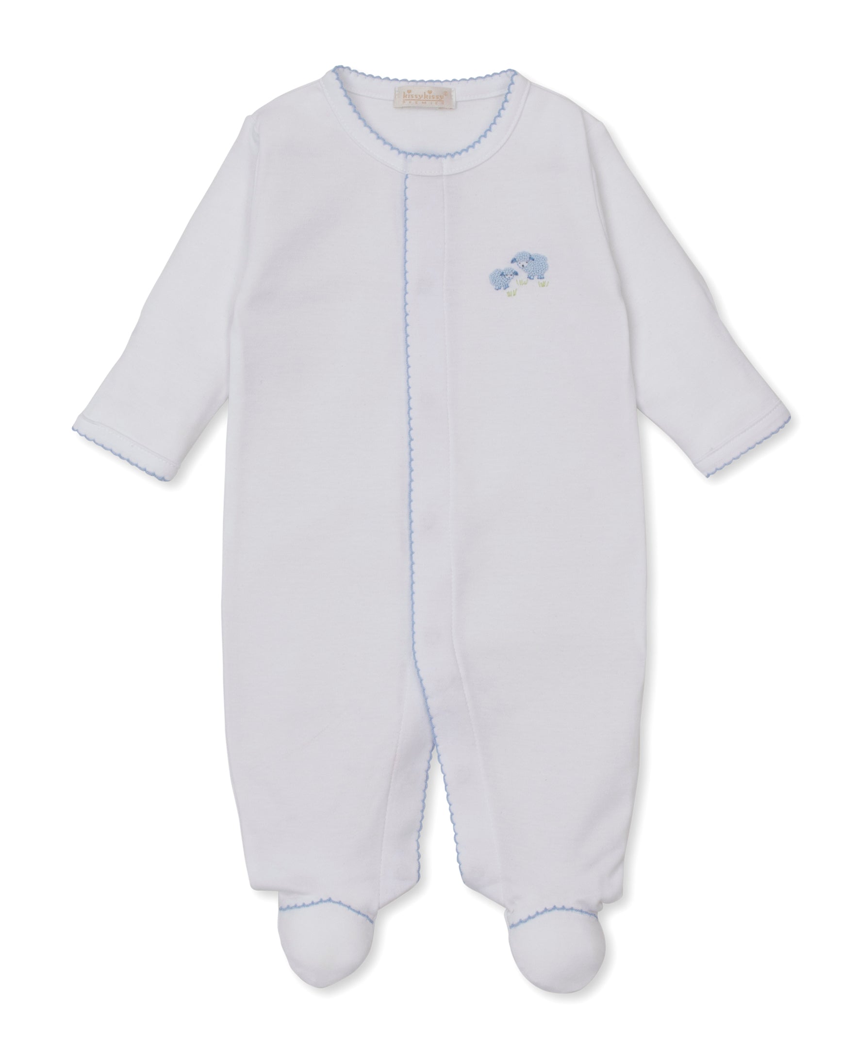 Premier Sweet Sheep White/Blue Hand Emb. Footie - Kissy Kissy