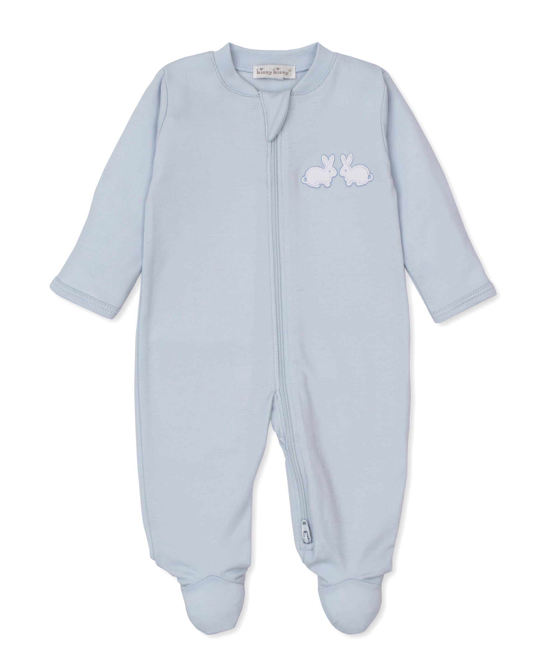 Pique Twin Bunnies Blue Zip Footie - Kissy Kissy