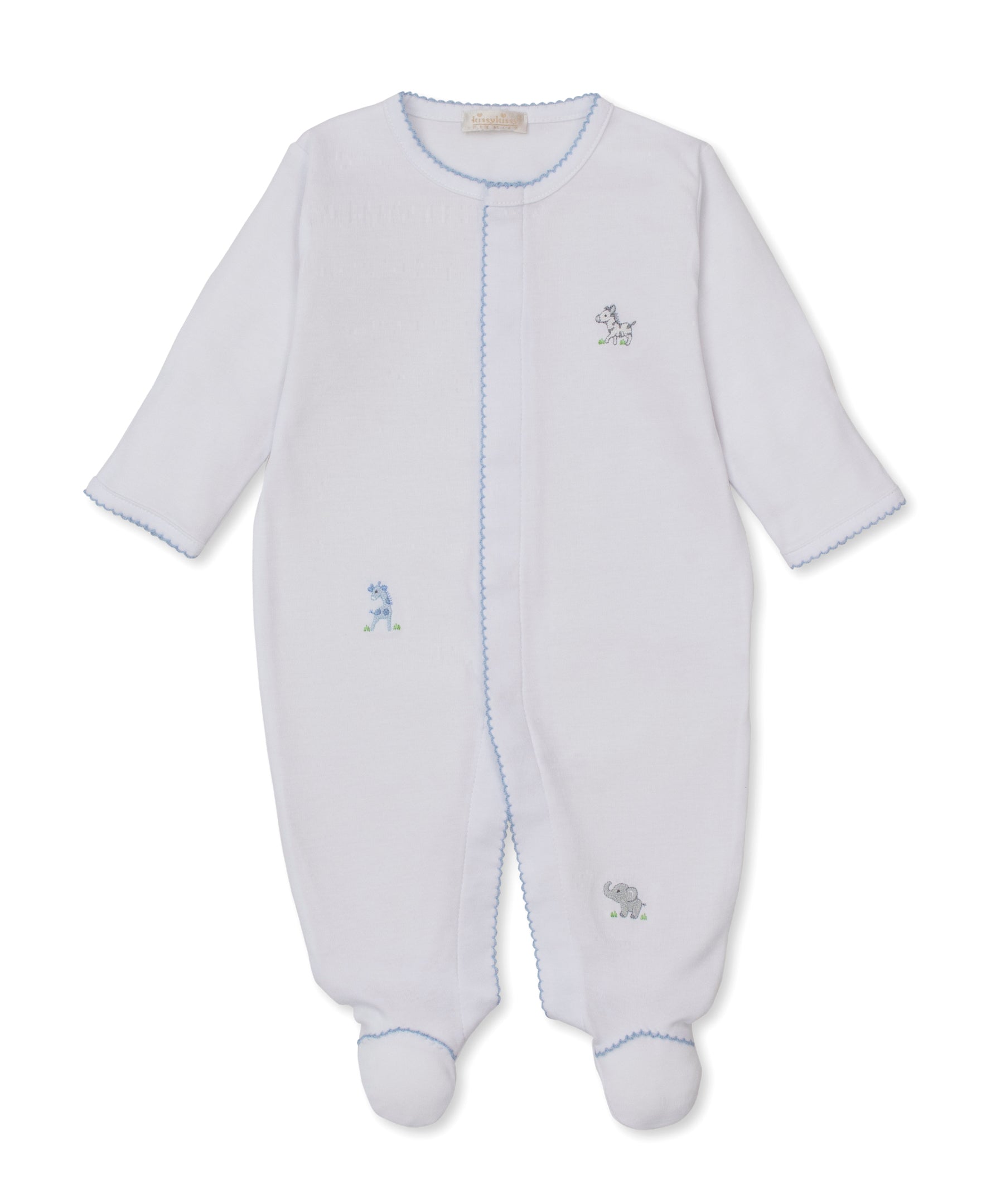 SCE Safari Party White/Blue Hand Emb. Footie - Kissy Kissy