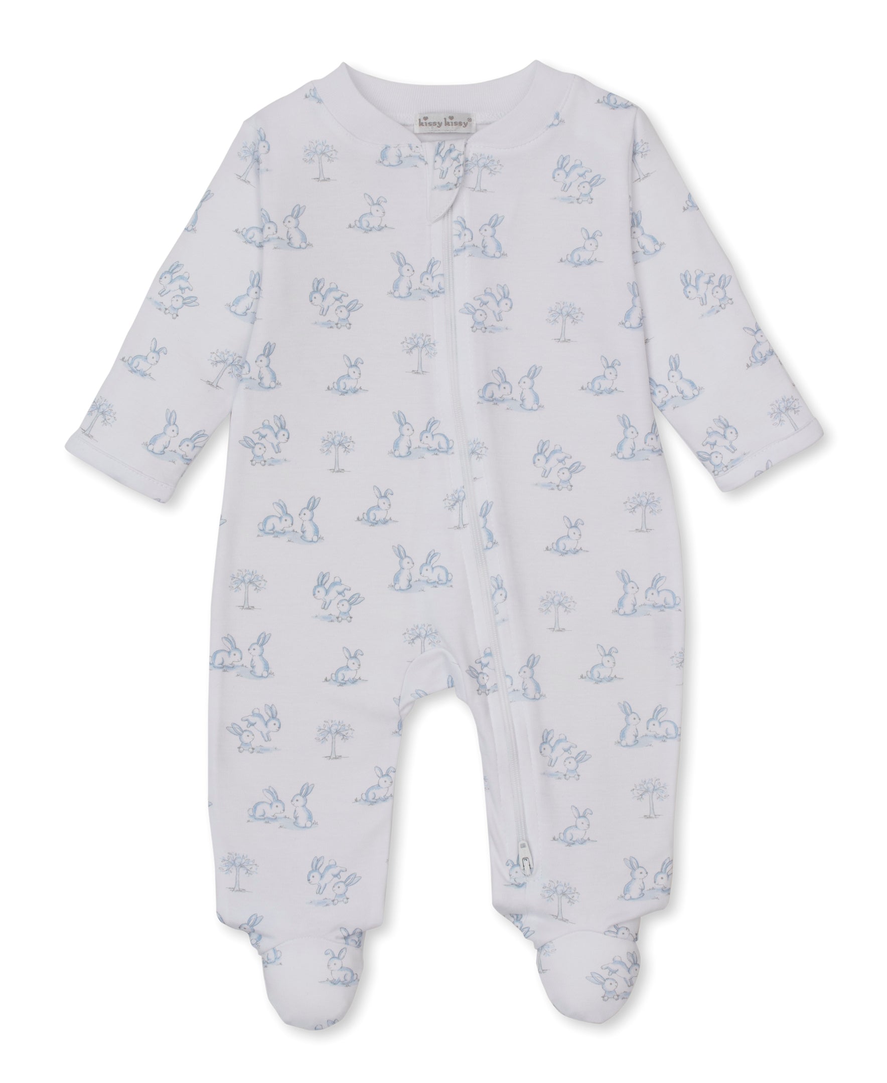 Springtime Bunny Fun Blue Zip Footie - Kissy Kissy