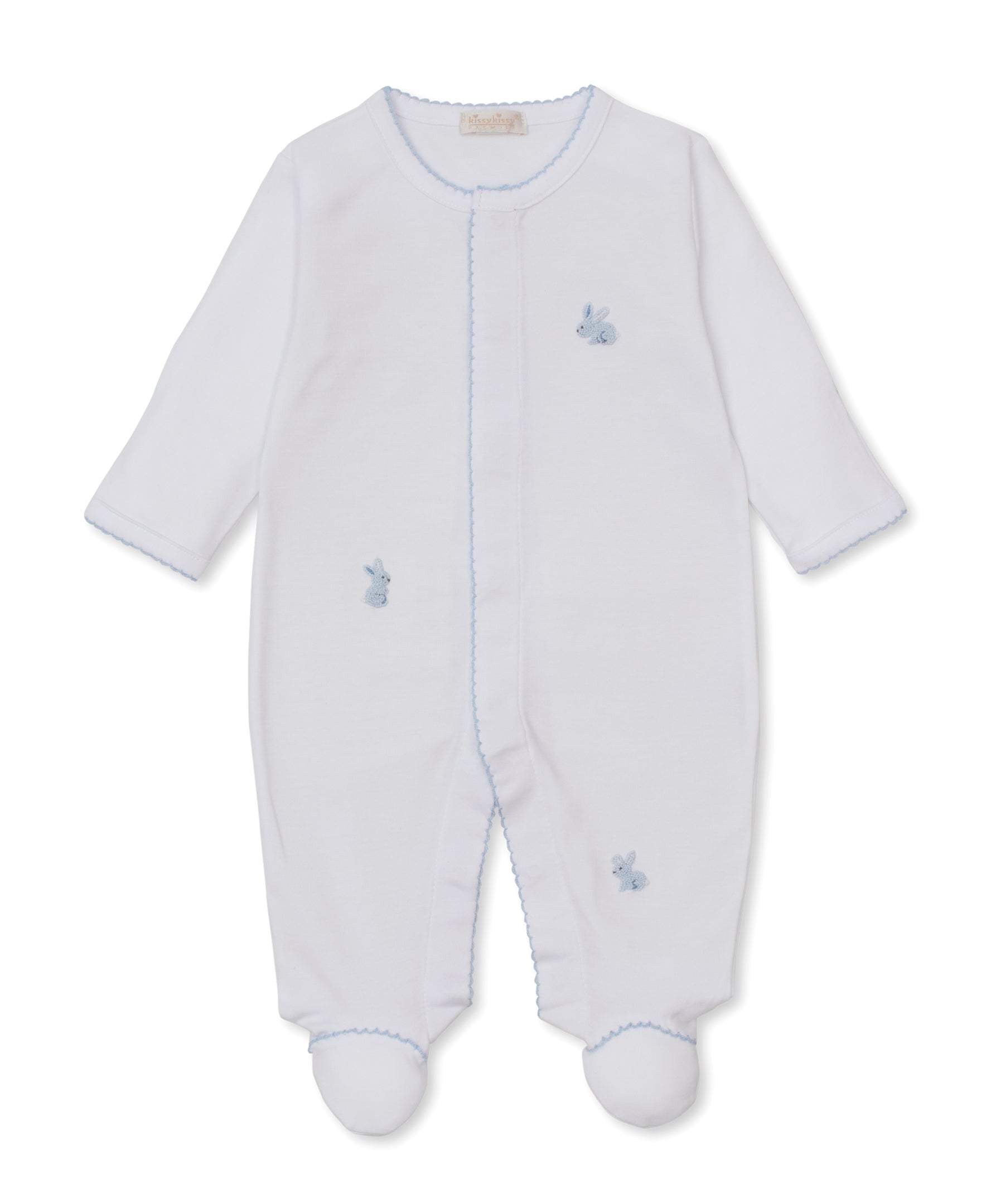 Premier Springtime Bunny Fun White/Blue Hand Emb. Footie - Kissy Kissy