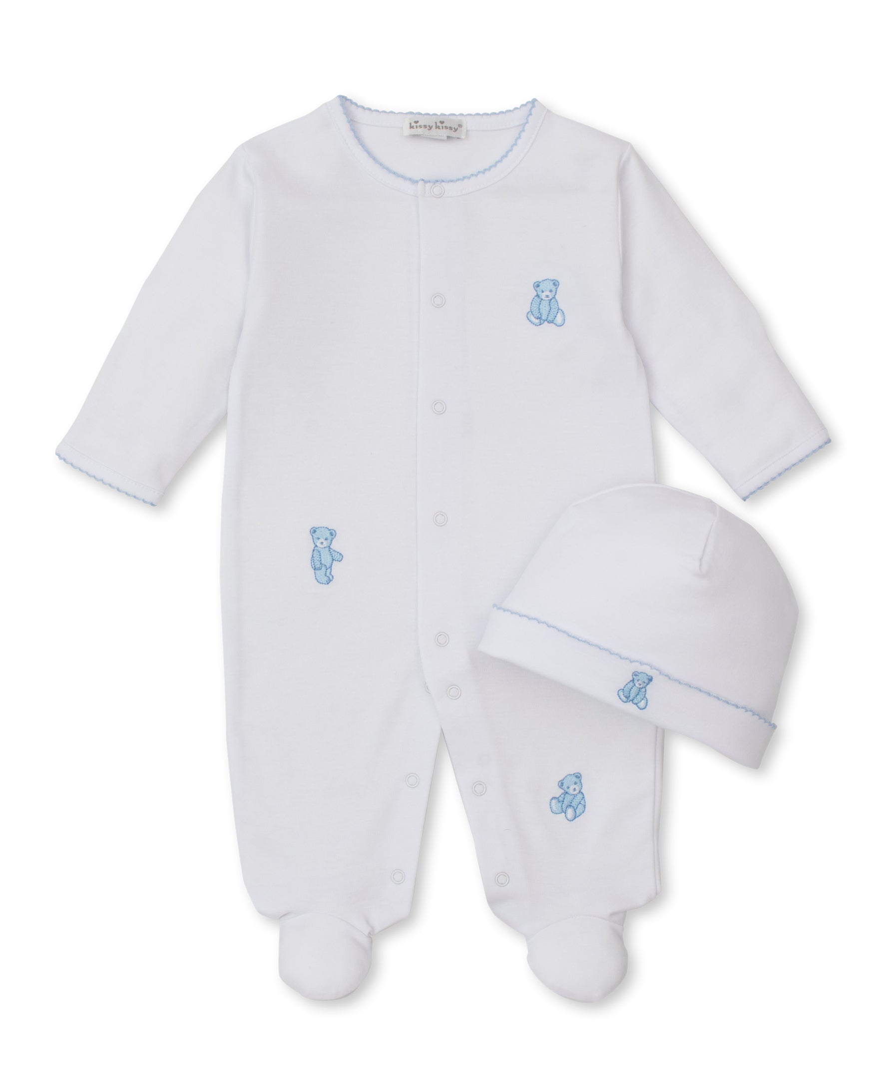Teddy Bears White/Blue Footie & Hat Set