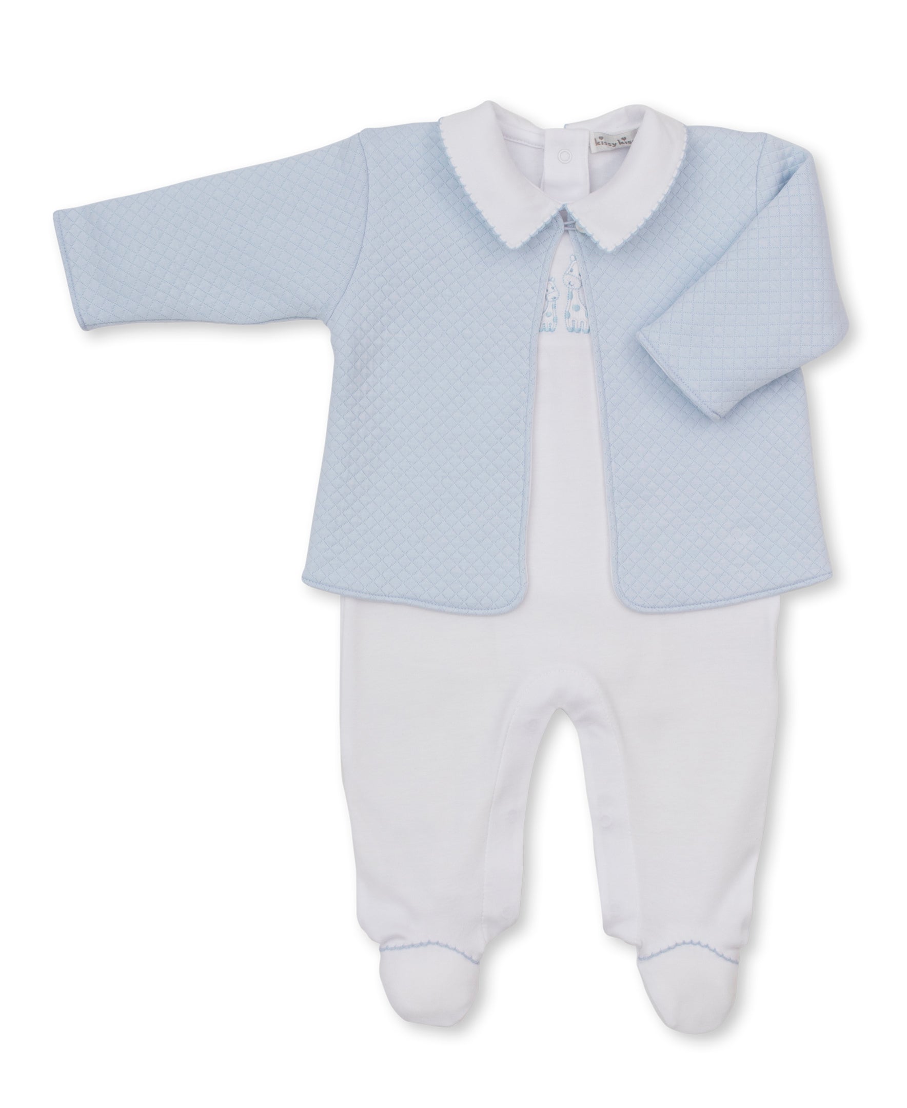 Giraffe Laughs White Footie & Blue Jacquard Jacket Set - Kissy Kissy