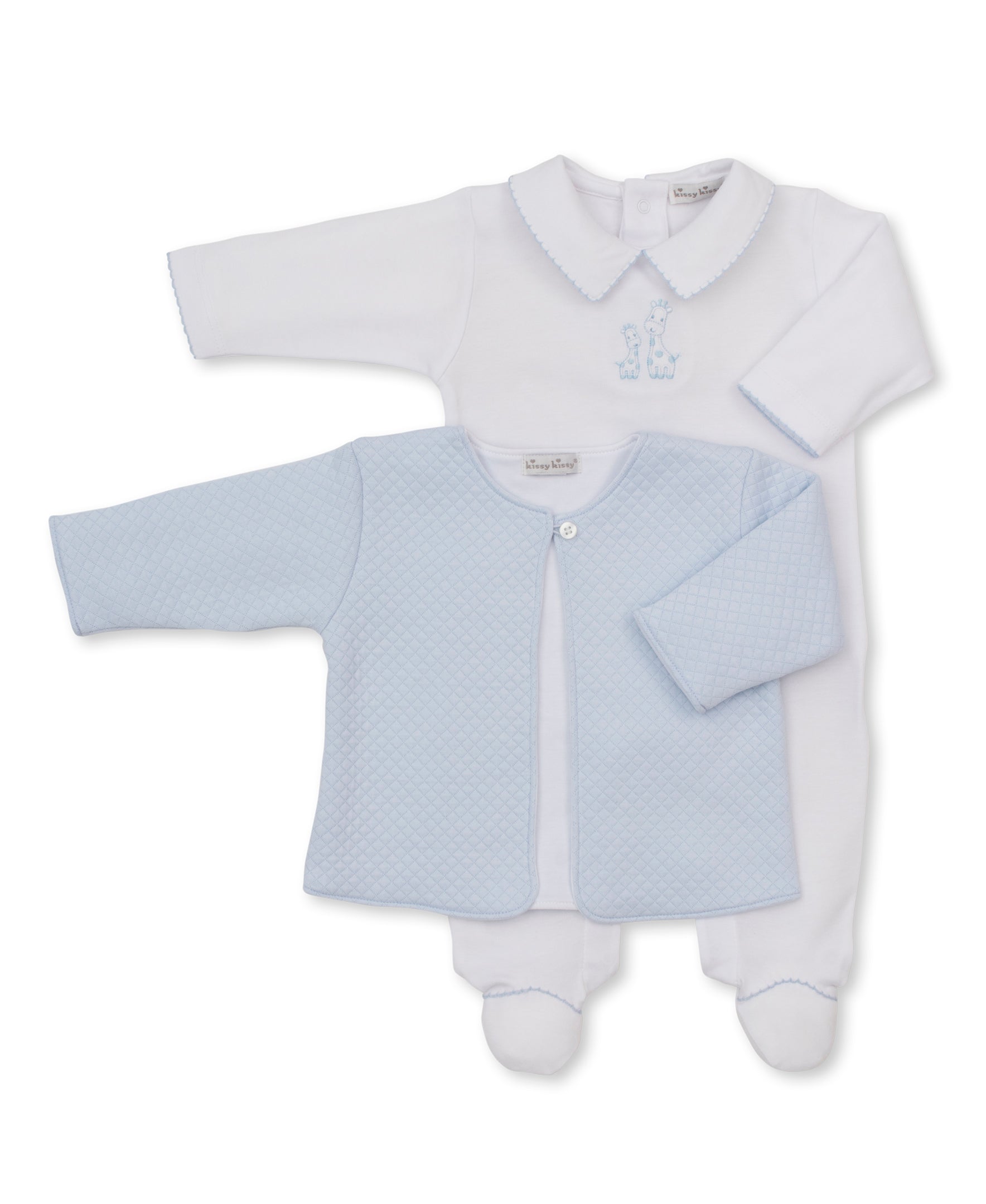 Giraffe Laughs White Footie & Blue Jacquard Jacket Set - Kissy Kissy