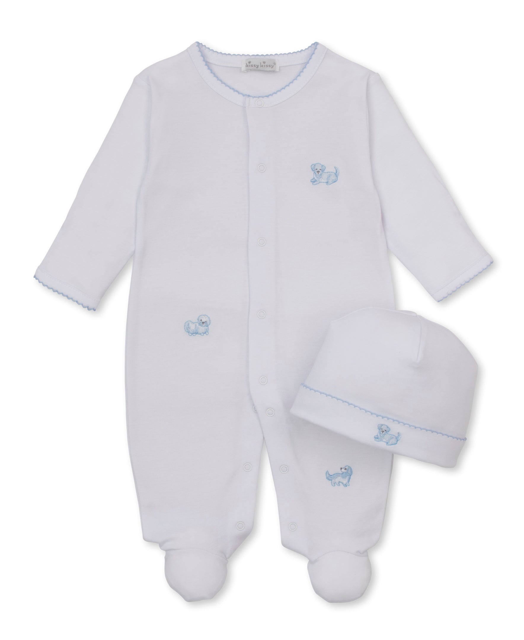 Puppy Paws White/Blue Footie & Hat Set - Kissy Kissy