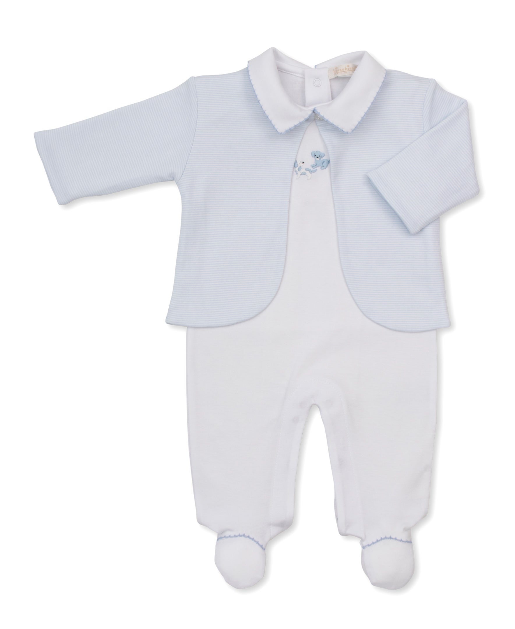 Premier Puppy Paws Blue Stripe Hand Emb. Footie & Jacket Set