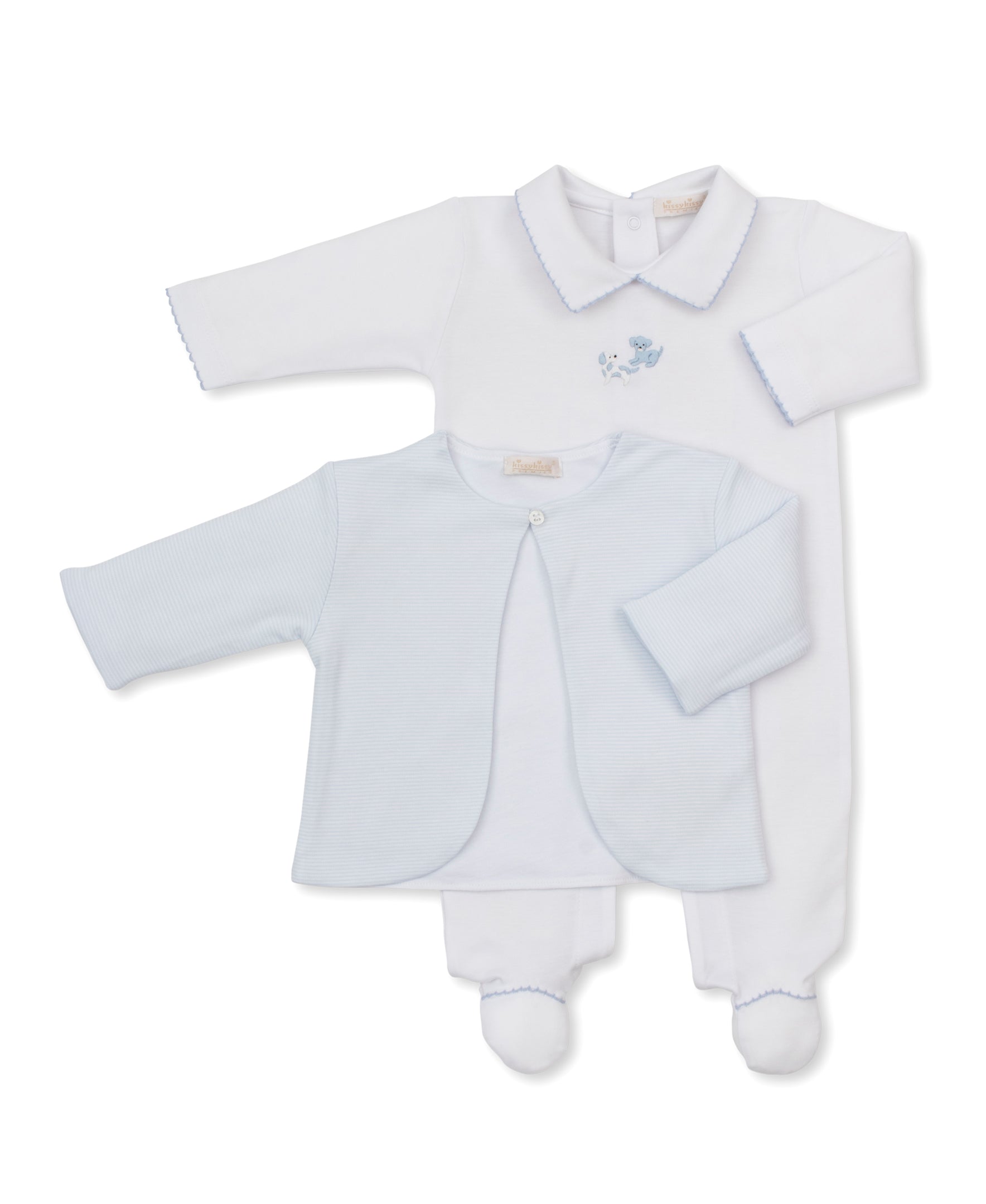 Premier Puppy Paws Blue Stripe Hand Emb. Footie & Jacket Set