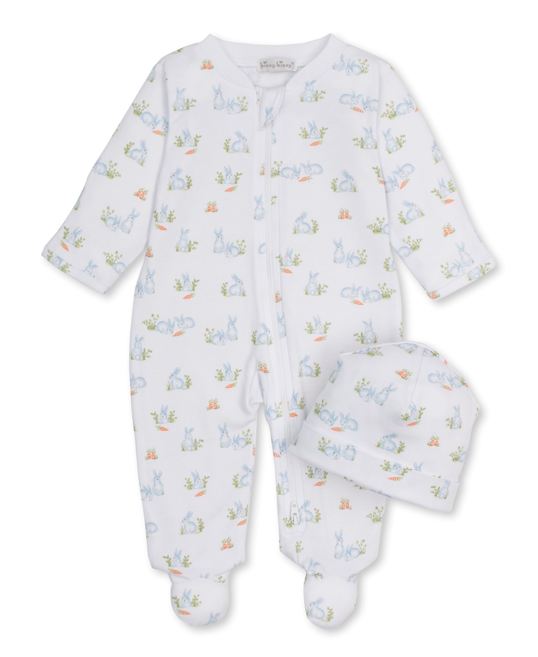Baby Bunny Patch Blue Zip Footie & Hat Set - Kissy Kissy