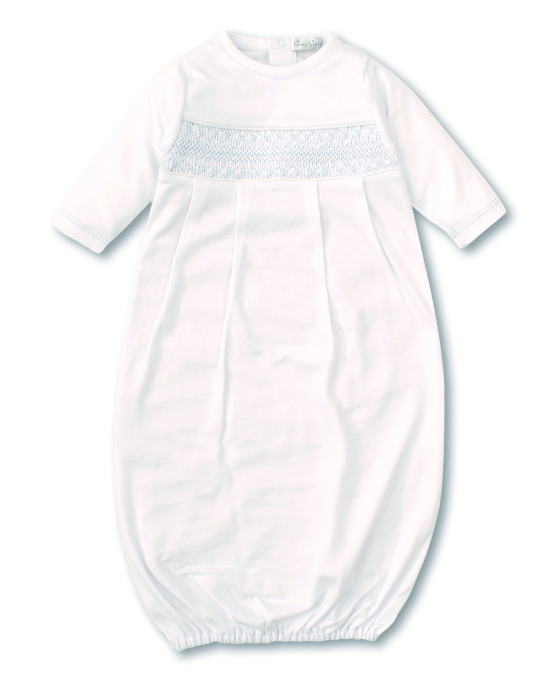 Kissy Kissy Charmed Hand Smocked Sack Gown | White/Blue Preemie Kissy Kissy Charmed Hand Smocked Sack Gown | White/Blue Preemie