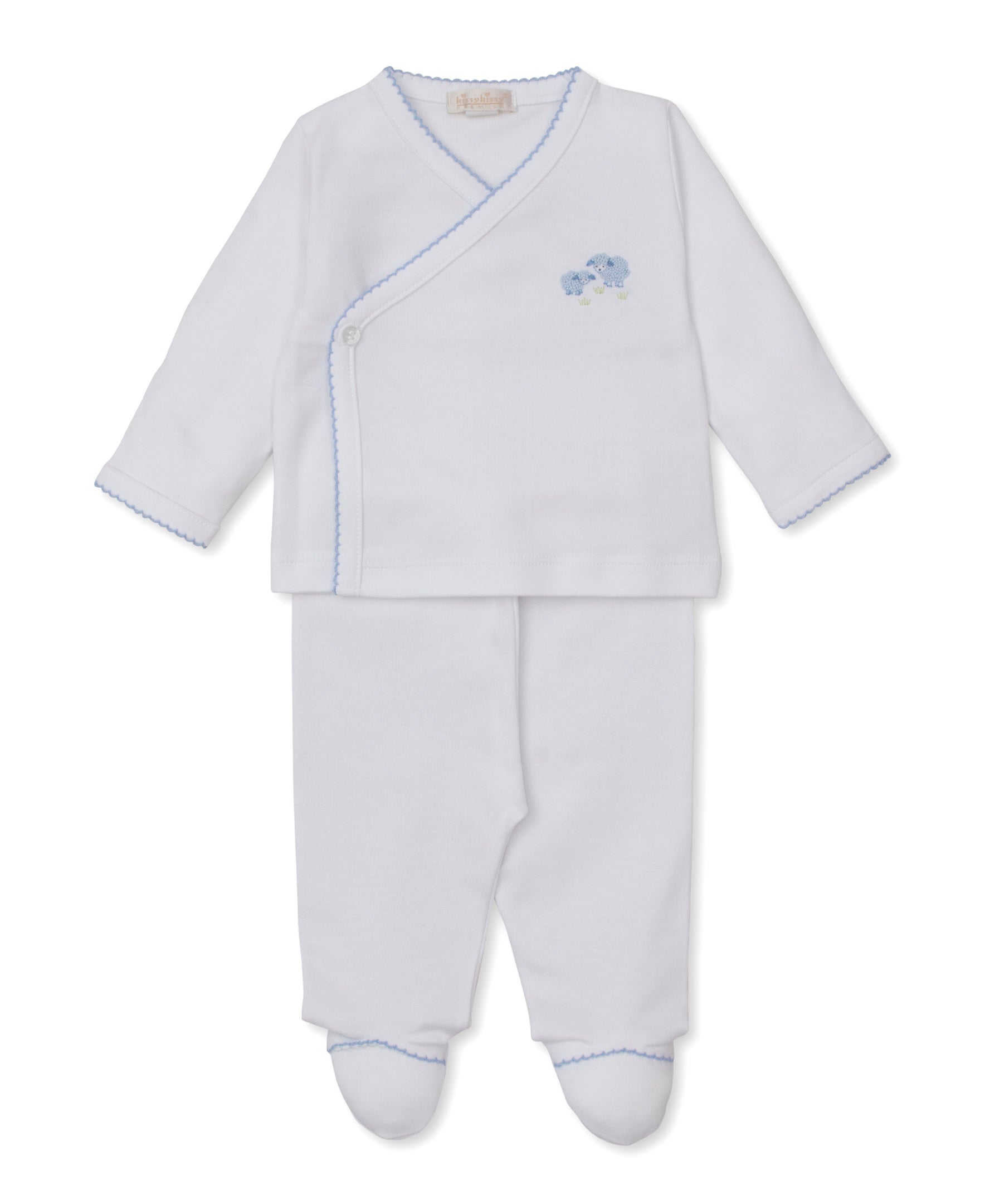 Premier Sweet Sheep White/Blue Hand Emb. Footed Pant Set - Kissy Kissy