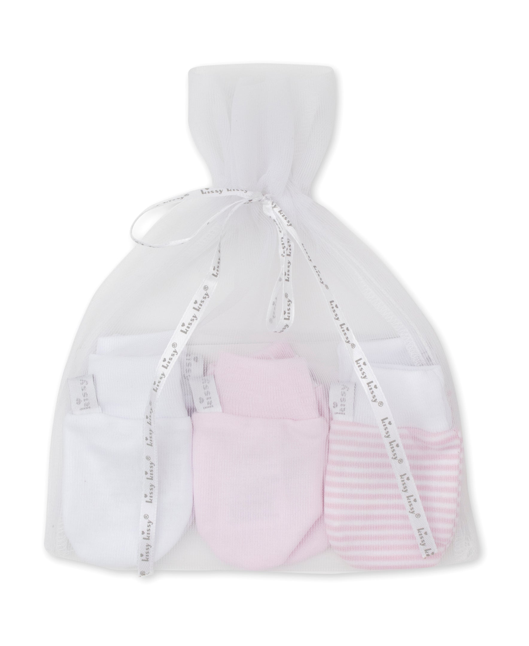 Pink Stripe 3 Pack Mitts Set w/ Tulle Bag - Kissy Kissy