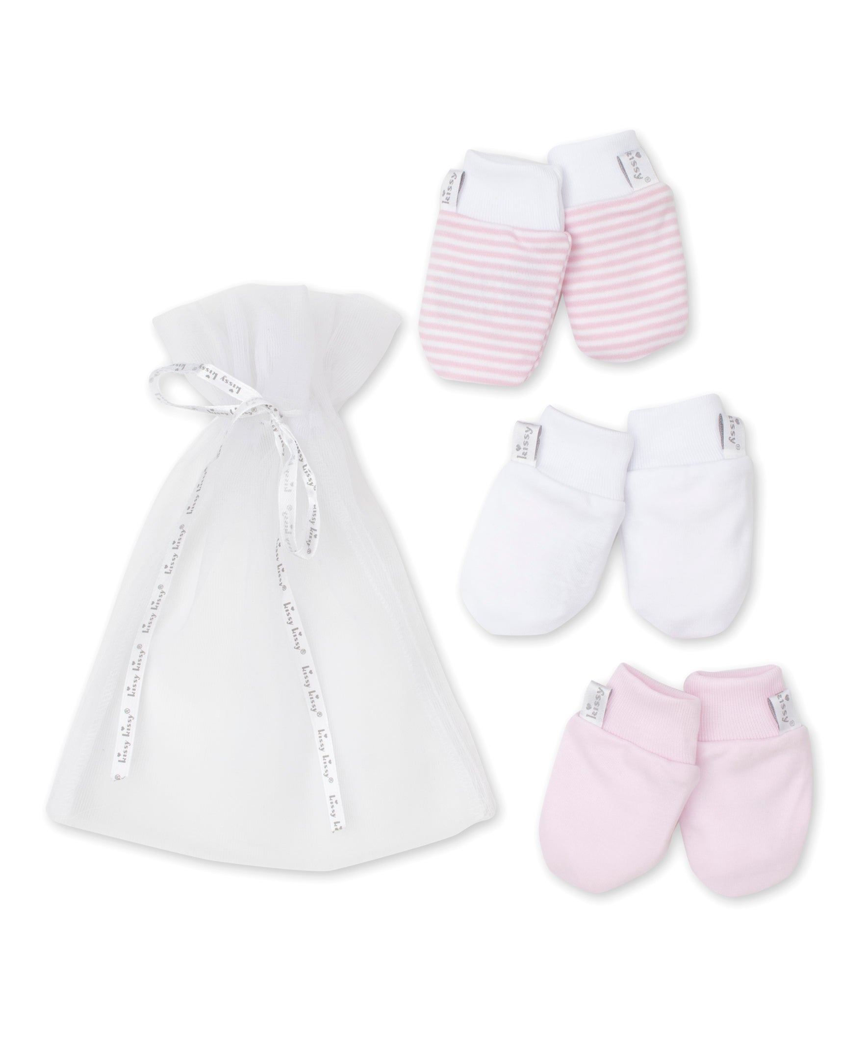 Pink Stripe 3 Pack Mitts Set w/ Tulle Bag - Kissy Kissy