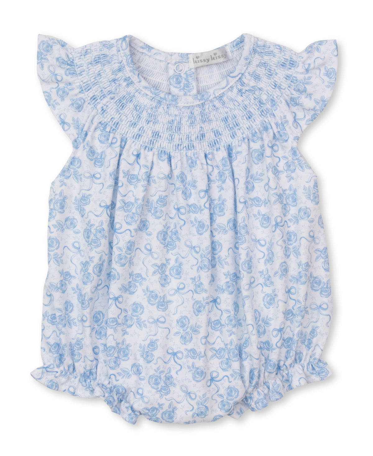 Roses & Bows Blue Smocked Bubble - Kissy Kissy