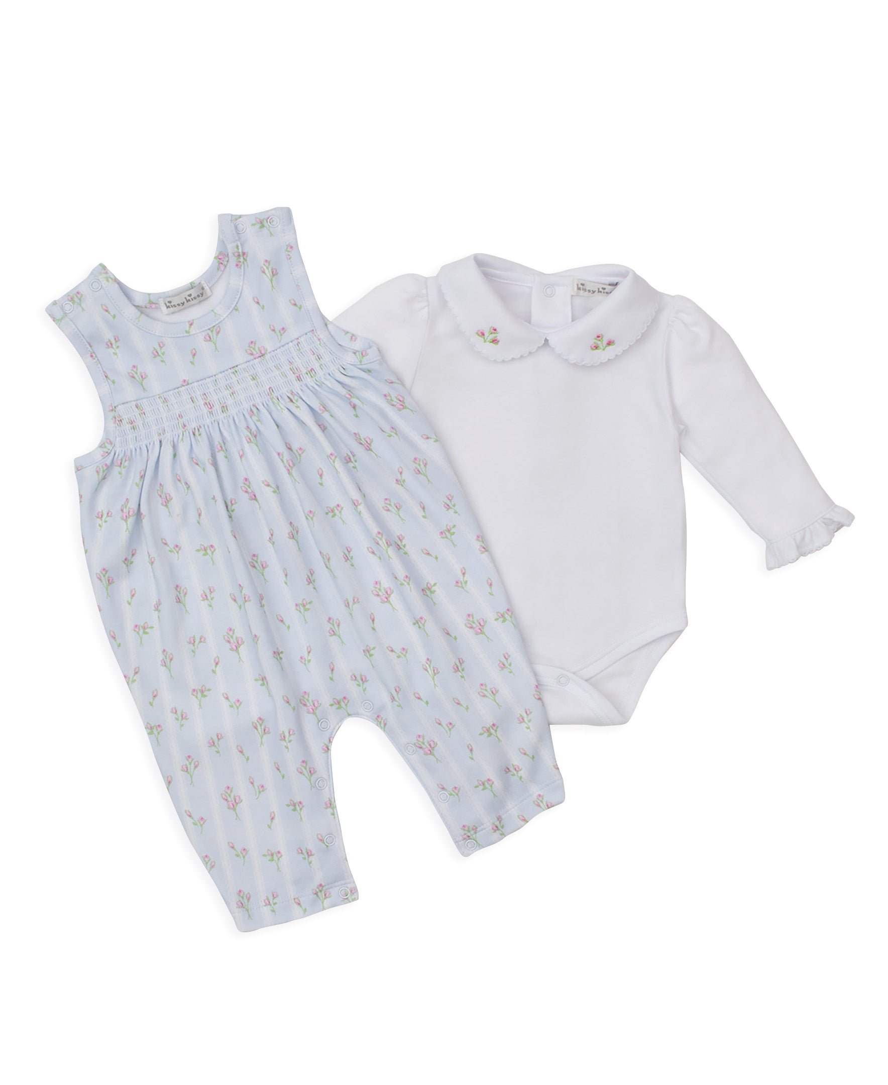 Ribbon Stripe Bouquets Blue Overall Set - Kissy Kissy