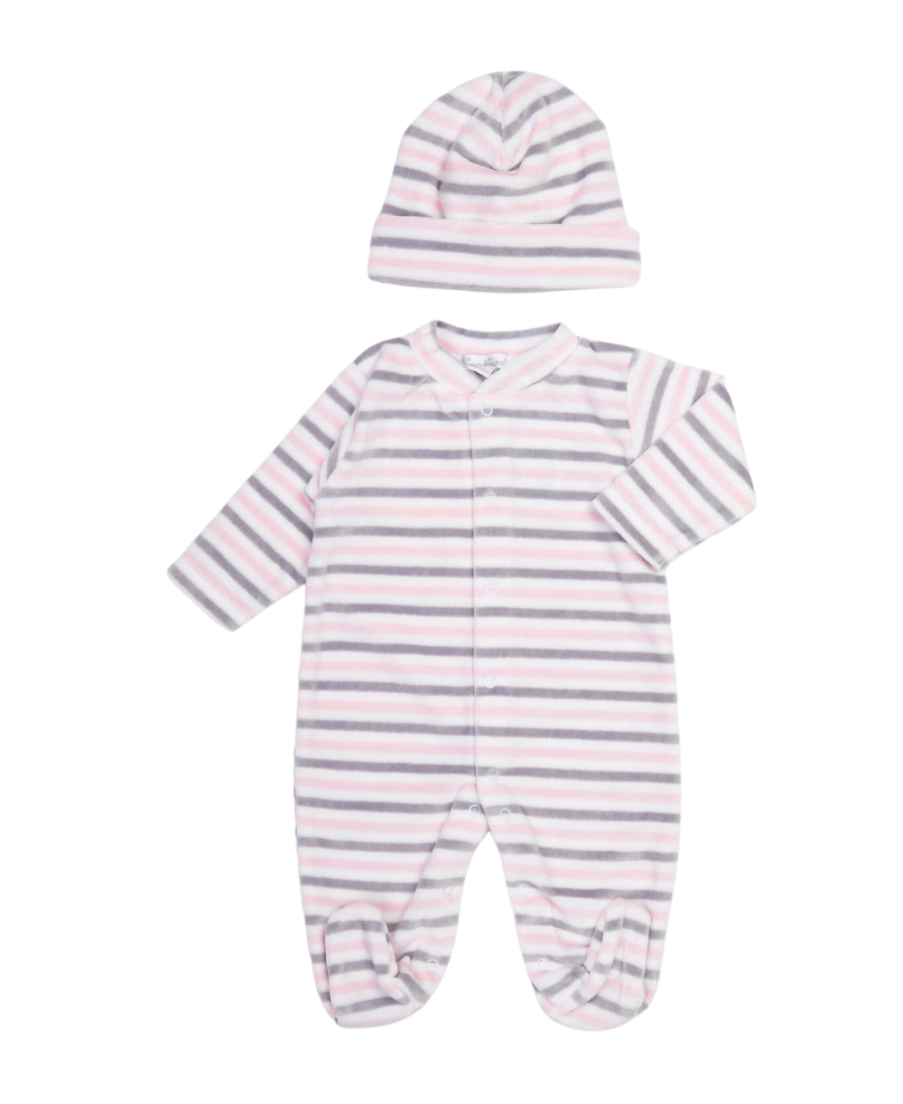 Pink Stripe Velour Footie & Hat Set - Kissy Kissy