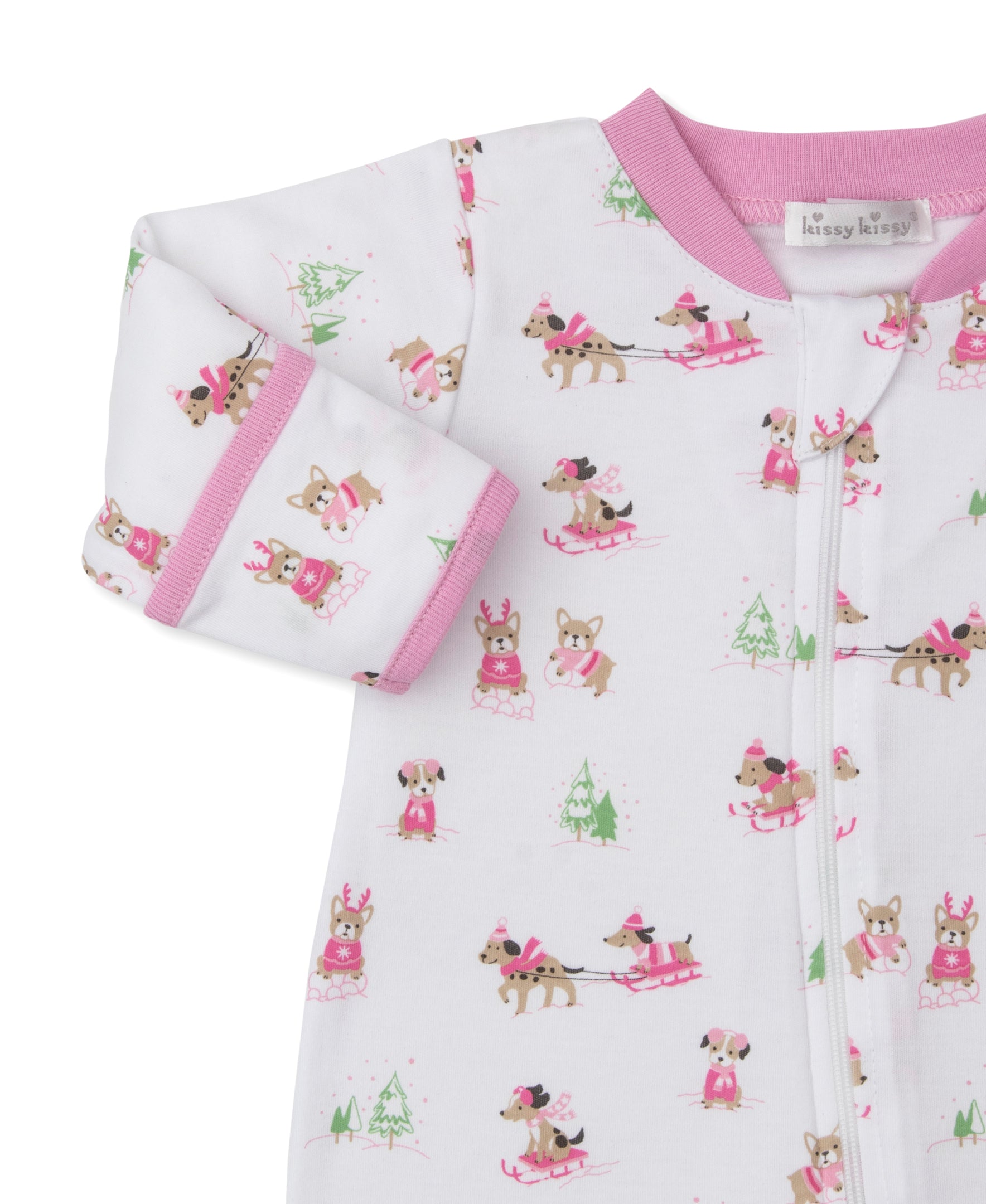 Puppy's Sleigh Riding Fun Pink Zip Footie - Kissy Kissy