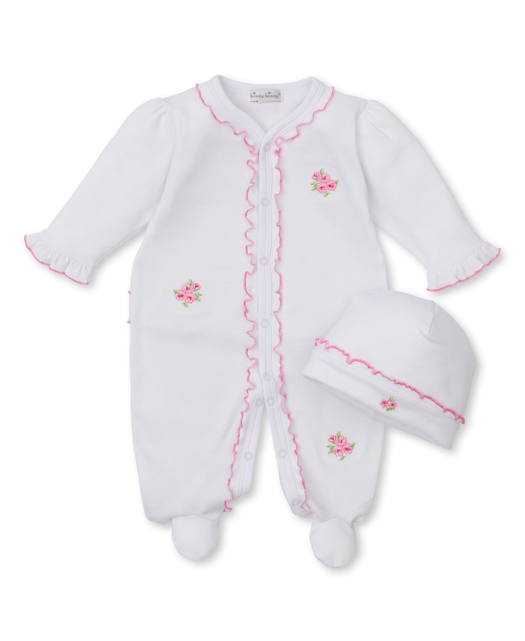 Roses and Blooms White/Pink Footie & Hat Set - Kissy Kissy