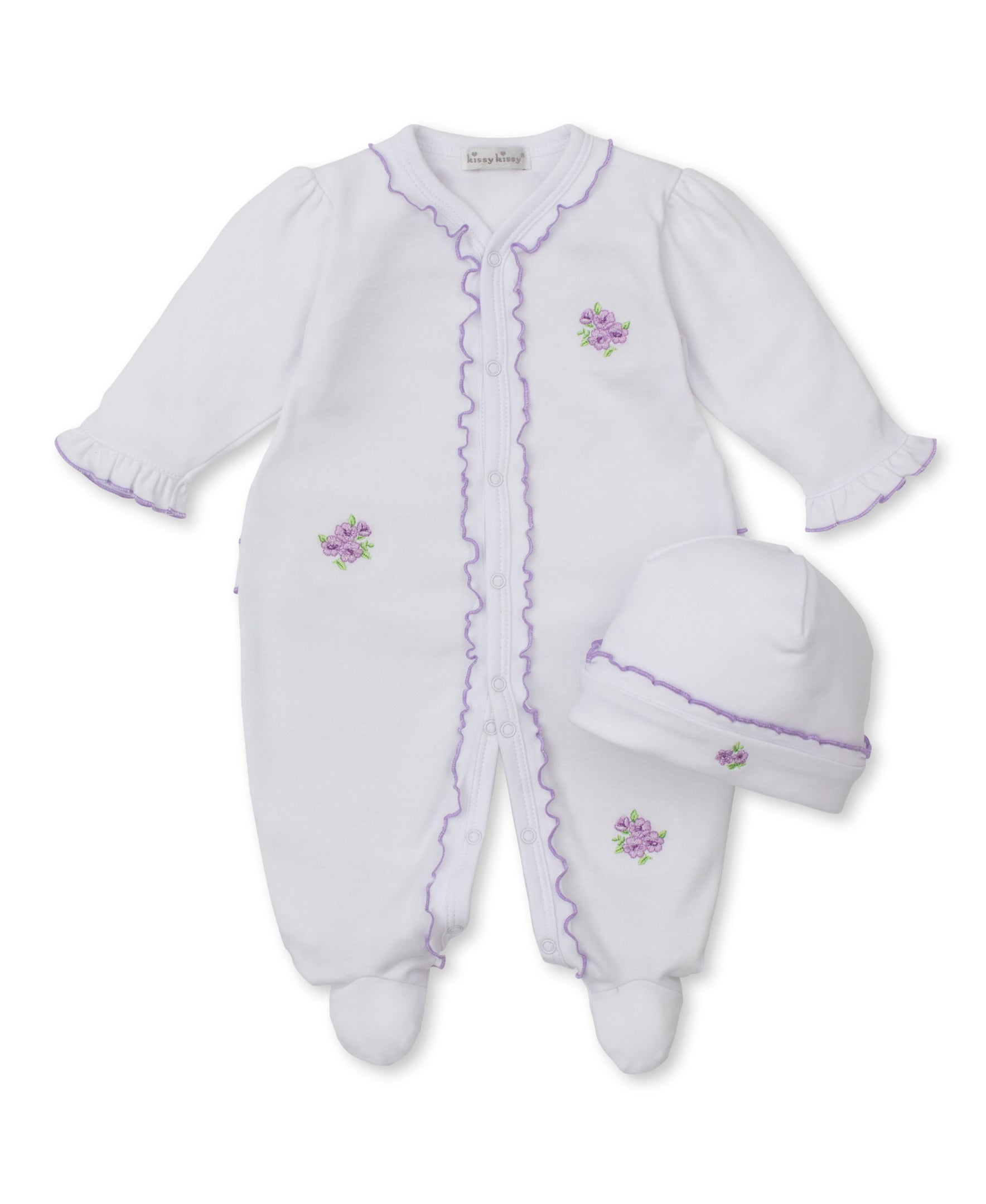 Roses and Blooms White/Lilac Footie & Hat Set - Kissy Kissy