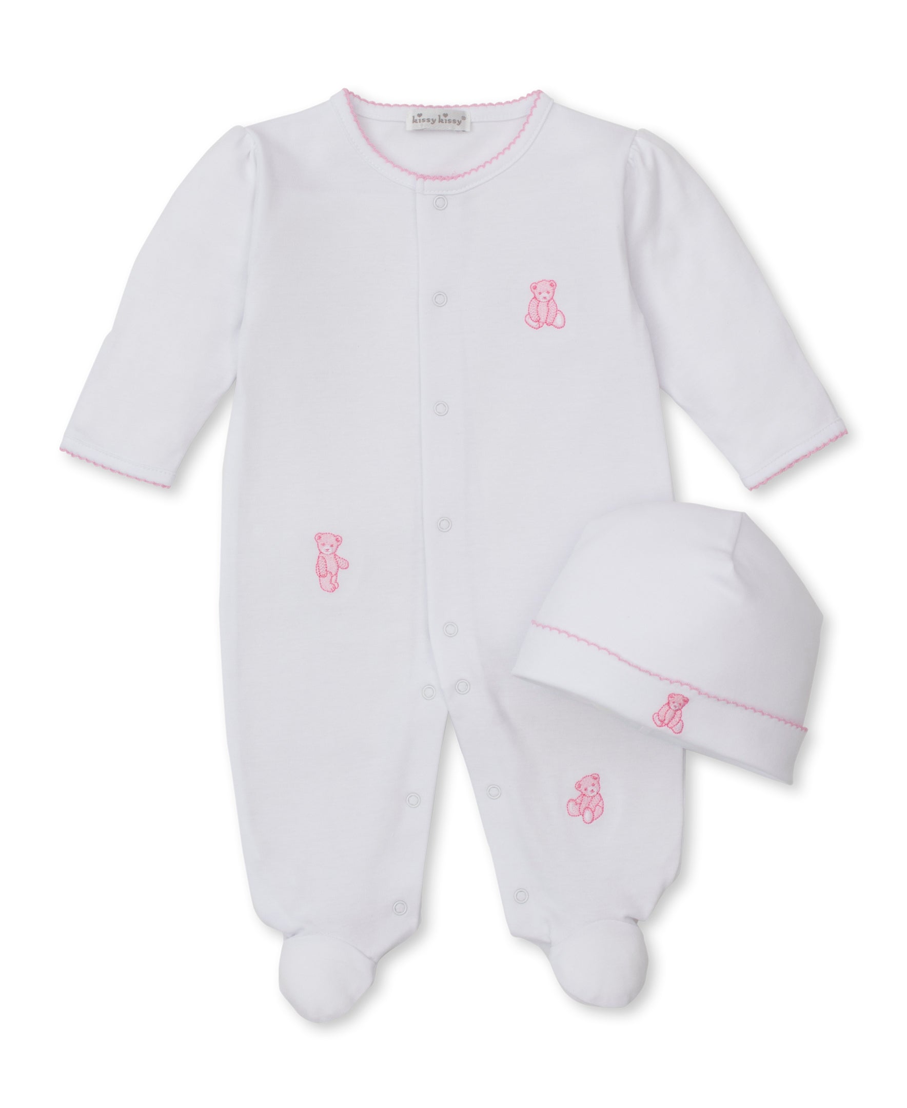 Teddy Bear Time White/Pink Footie & Hat Set - Kissy Kissy