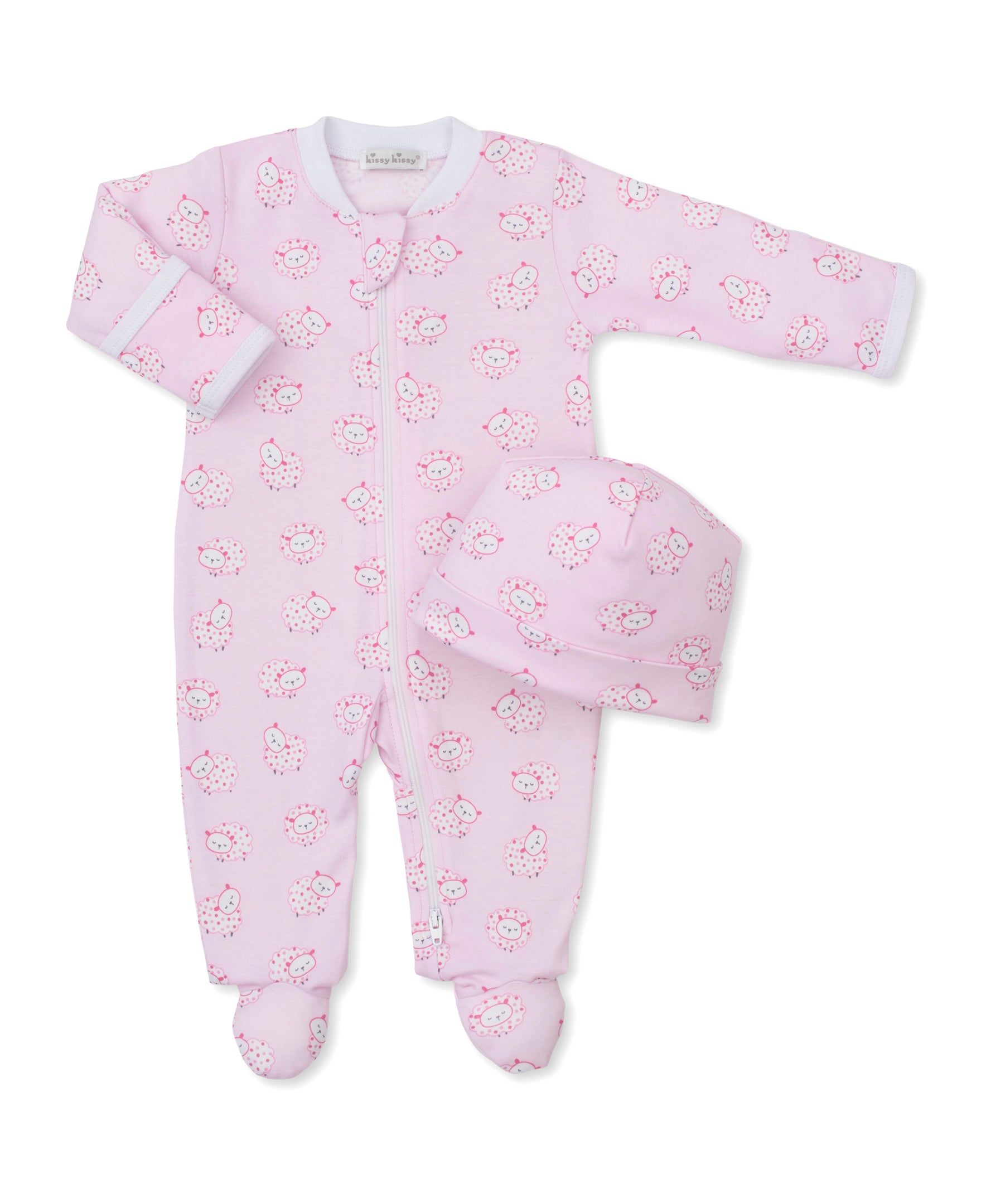 Fleecy Sheep Pink Zip Footie & Hat Set - Kissy Kissy