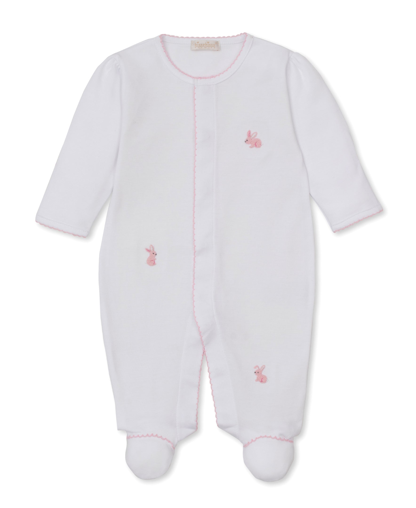 Premier Springtime Bunny Fun White/Pink Hand Emb. Footie - Kissy Kissy