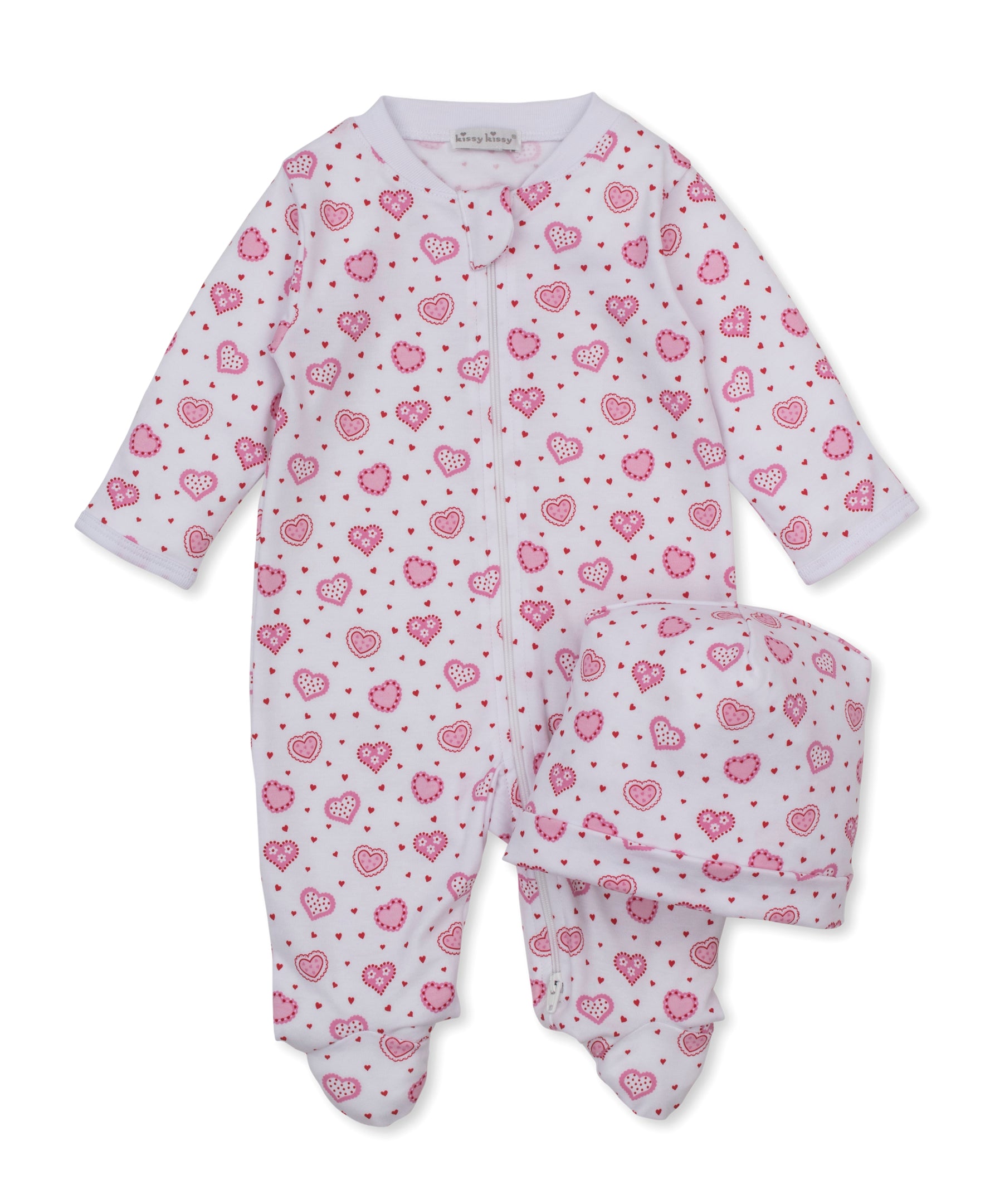 Heartfelt Hearts Zip Footie & Hat Set - Kissy Kissy