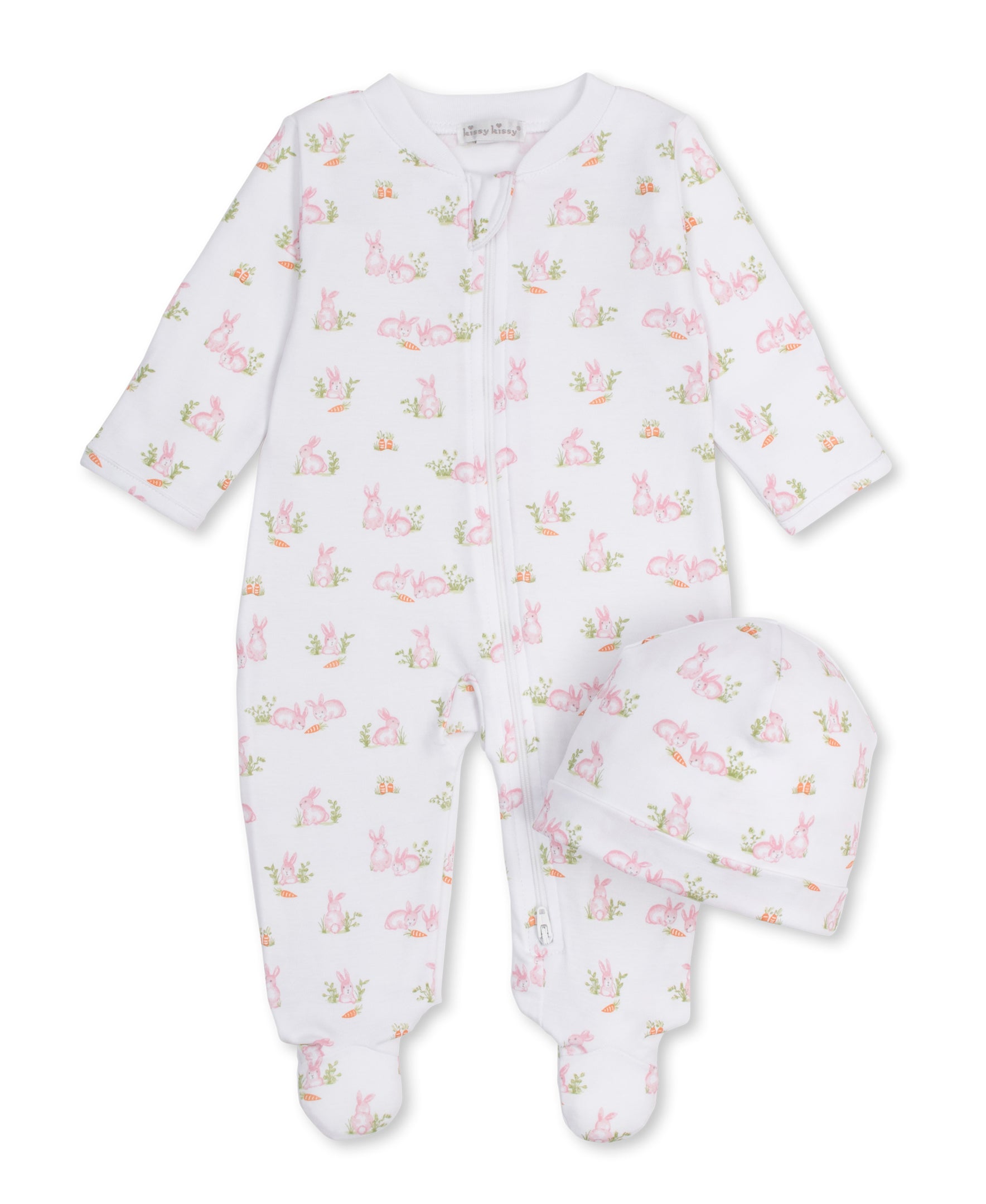 Baby Bunny Patch Pink Zip Footie & Hat Set - Kissy Kissy