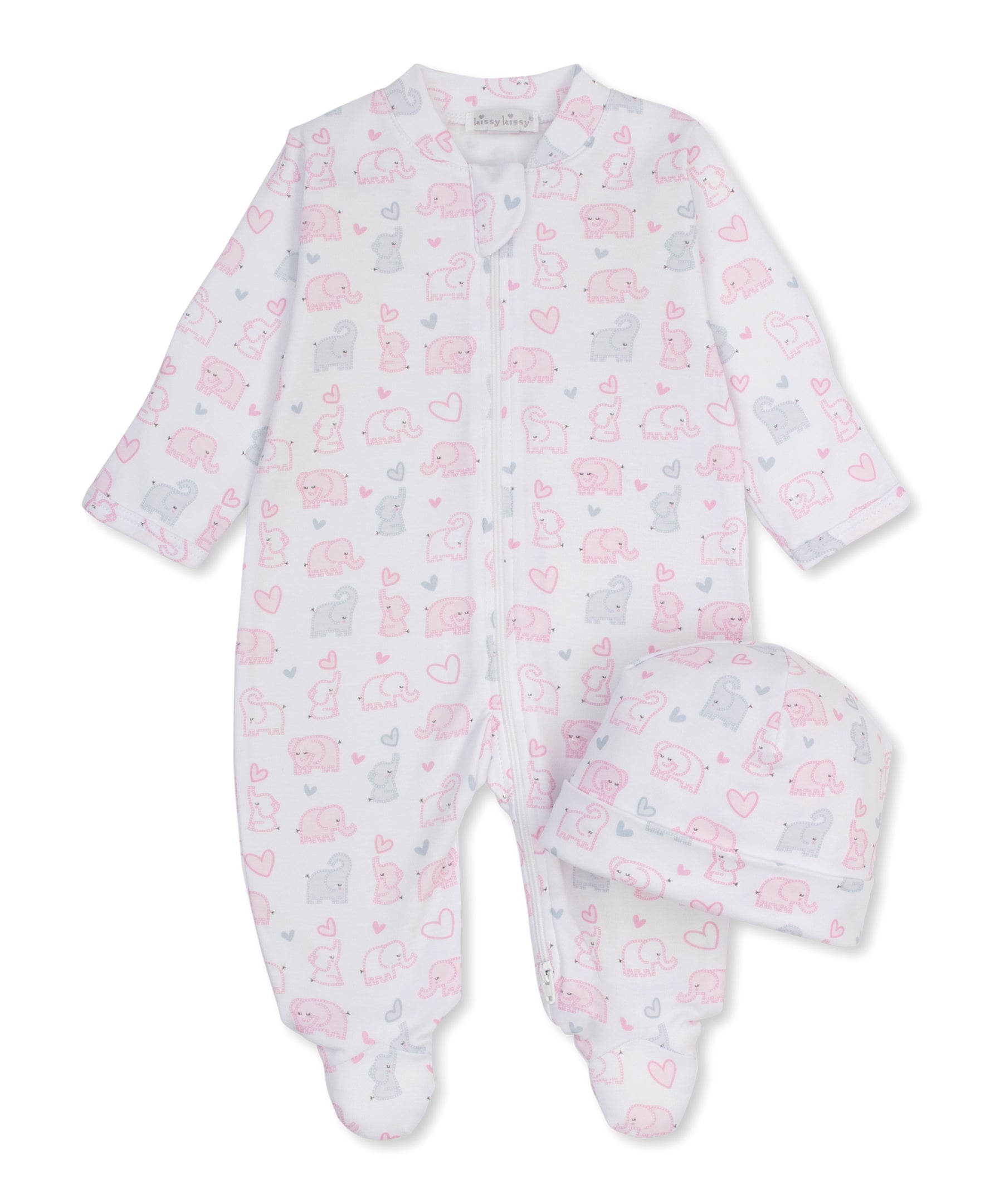 Baby Elephant Hearts Zip Footie & Hat Set - Kissy Kissy
