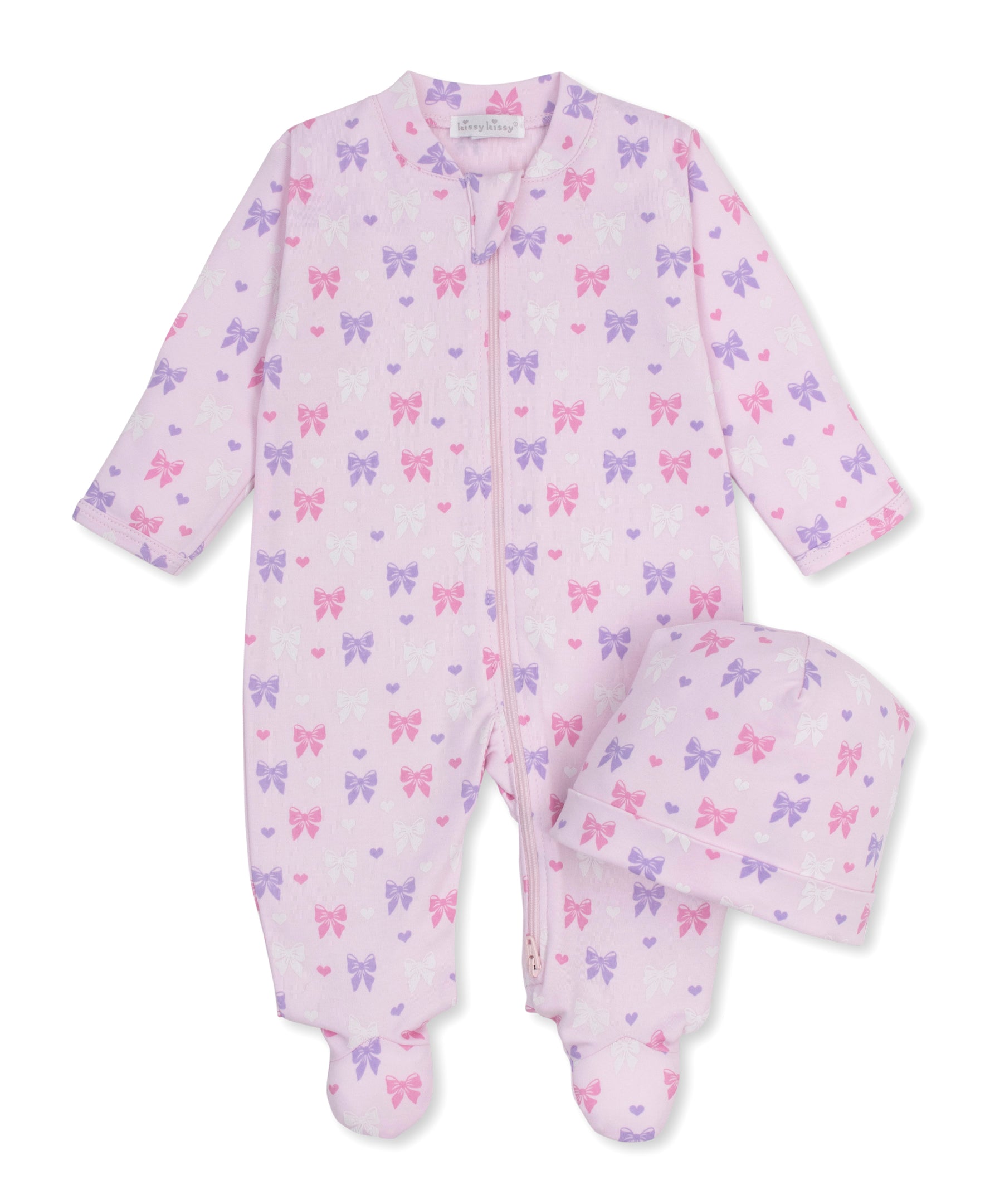 Billowy Bows Pink Zip Footie & Hat Set - Kissy Kissy