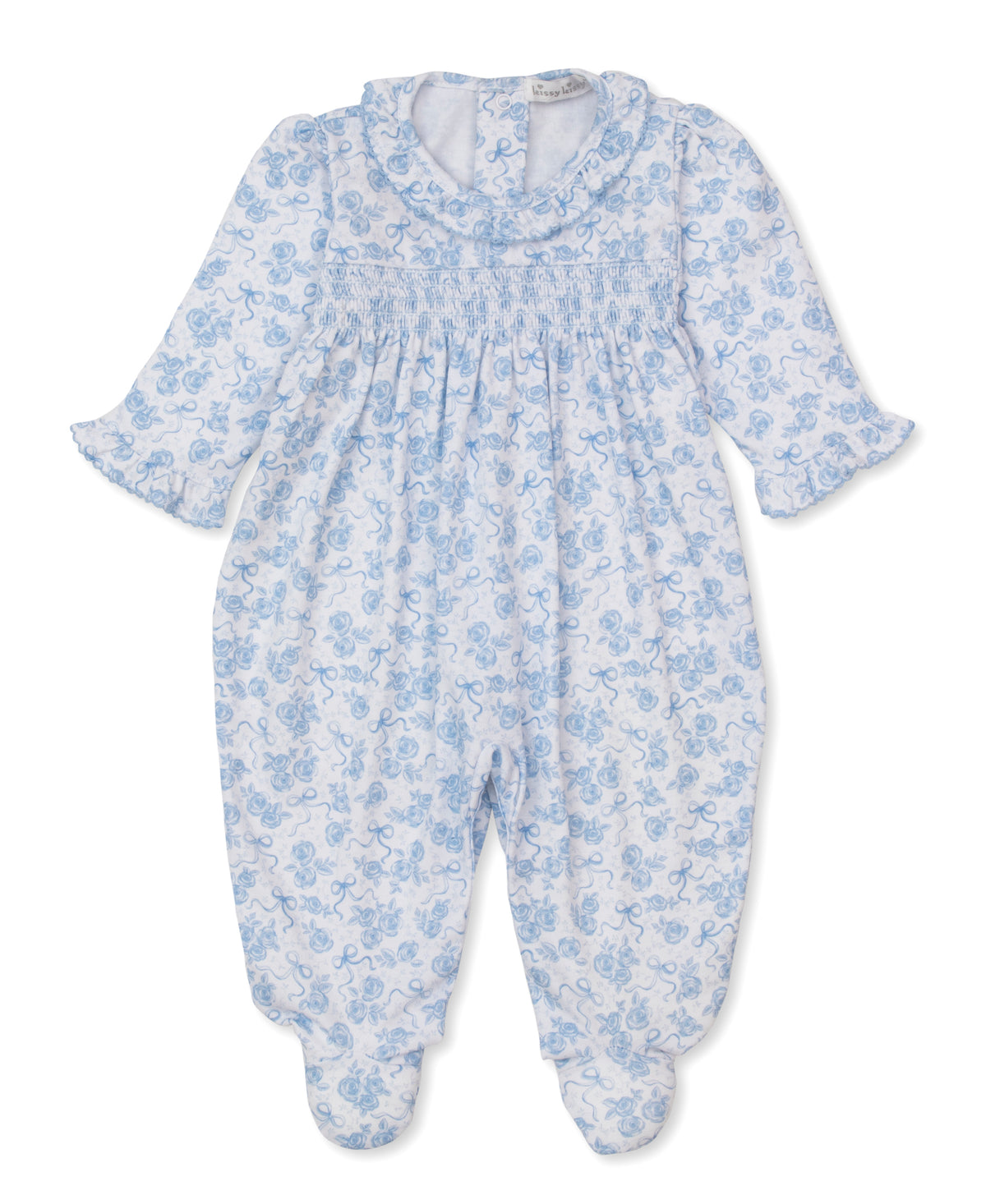 Roses & Bows Blue Smocked Footie - Kissy Kissy