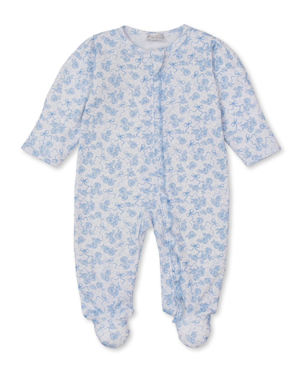 Roses & Bows Blue Zip Footie - Kissy Kissy