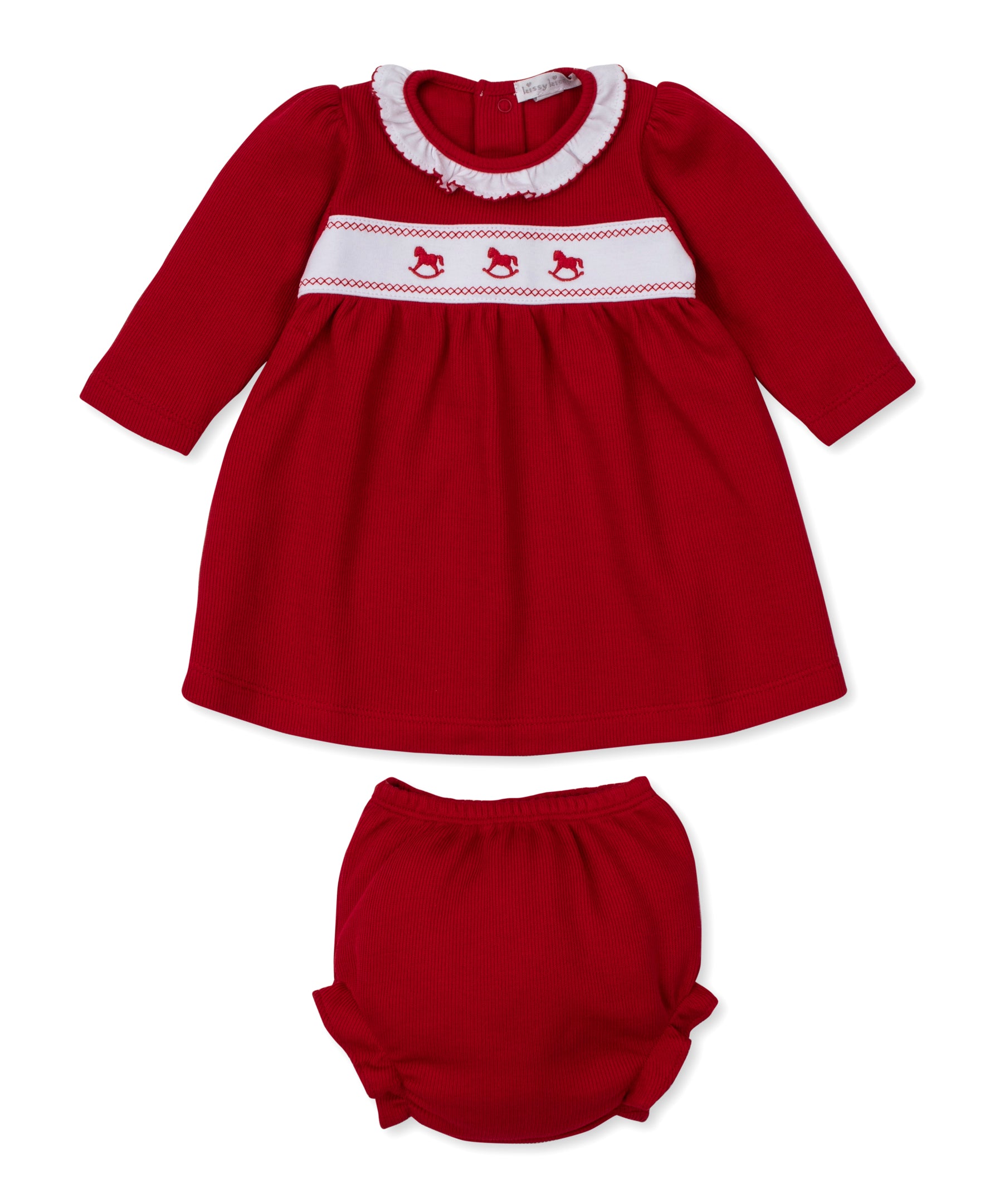 classic dress for baby Treasures Holiday 25 Rocking Horse Ruffle Set KissProm Square Neck White Print Color:Blue Kids Clothing Classic white baby dress